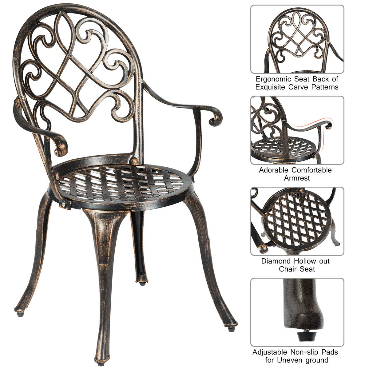Giantex 3-Piece Outdoor Bistro Set - Cast Aluminum Round Patio Table with Removable Ice Bucket & 2 Chairs - Antique Bronze Weather-Resistant Garden Furniture for Backyard, Poolside & Balcony Relaxation