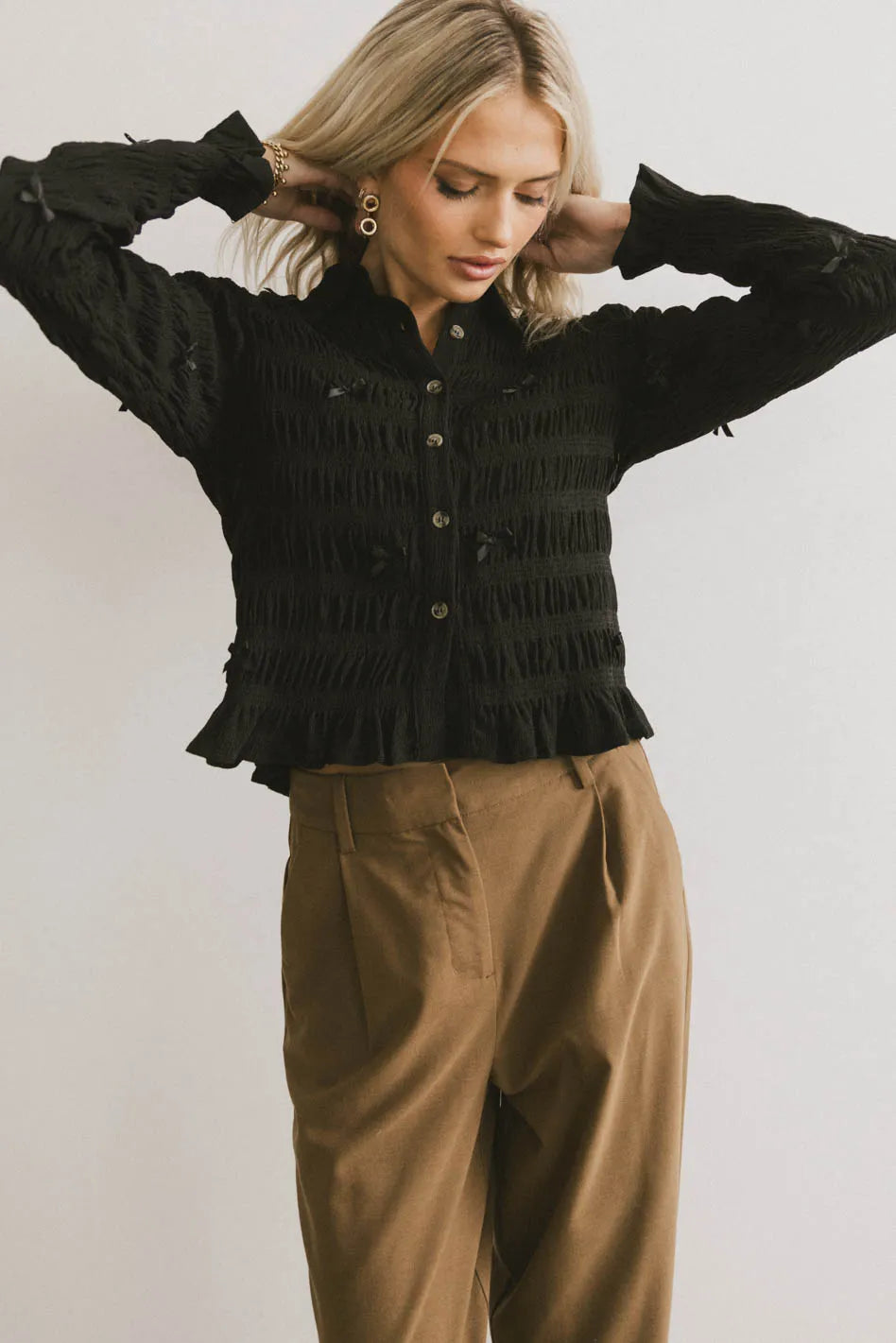 Leonora Black Blouse for Women - Elegant Long Sleeve Tops for Work & Evening Outfits - Final Sale