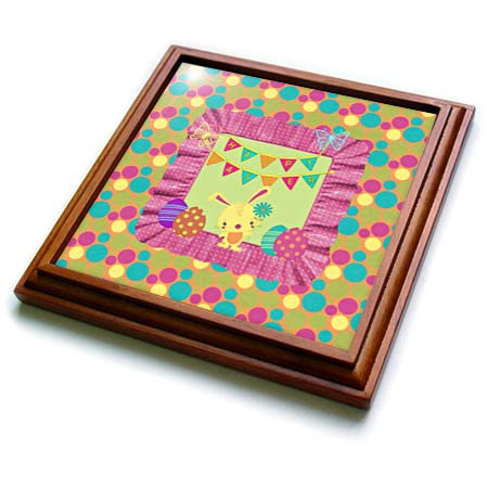 3D Rose Yellow Bunny with Eggs Happy Easter Colorful Dots Trivet - Heat Resistant Kitchen Trivet for Easter Decorations, Holiday Table Setting & Spring Home Decor (trv-361352-1)
