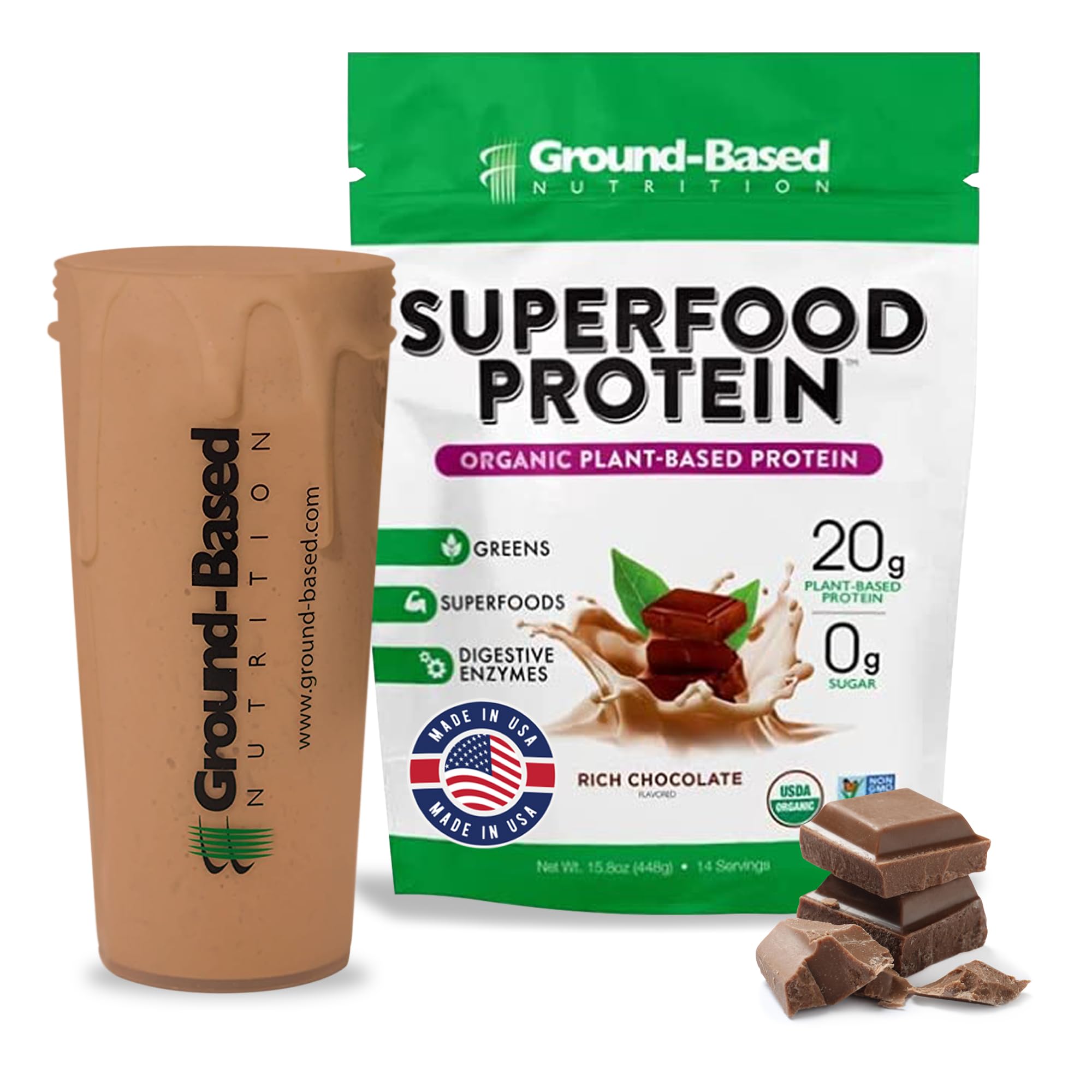 Ground-Based Nutrition Plant-Based Protein Powder – Organic Vegan Superfood with Essential Greens – Keto, Paleo, Low Calorie, Non-GMO, Gluten Free – Chocolate Flavor (14 Servings) – Perfect for Smoothies, Baking & Post-Workout Recovery