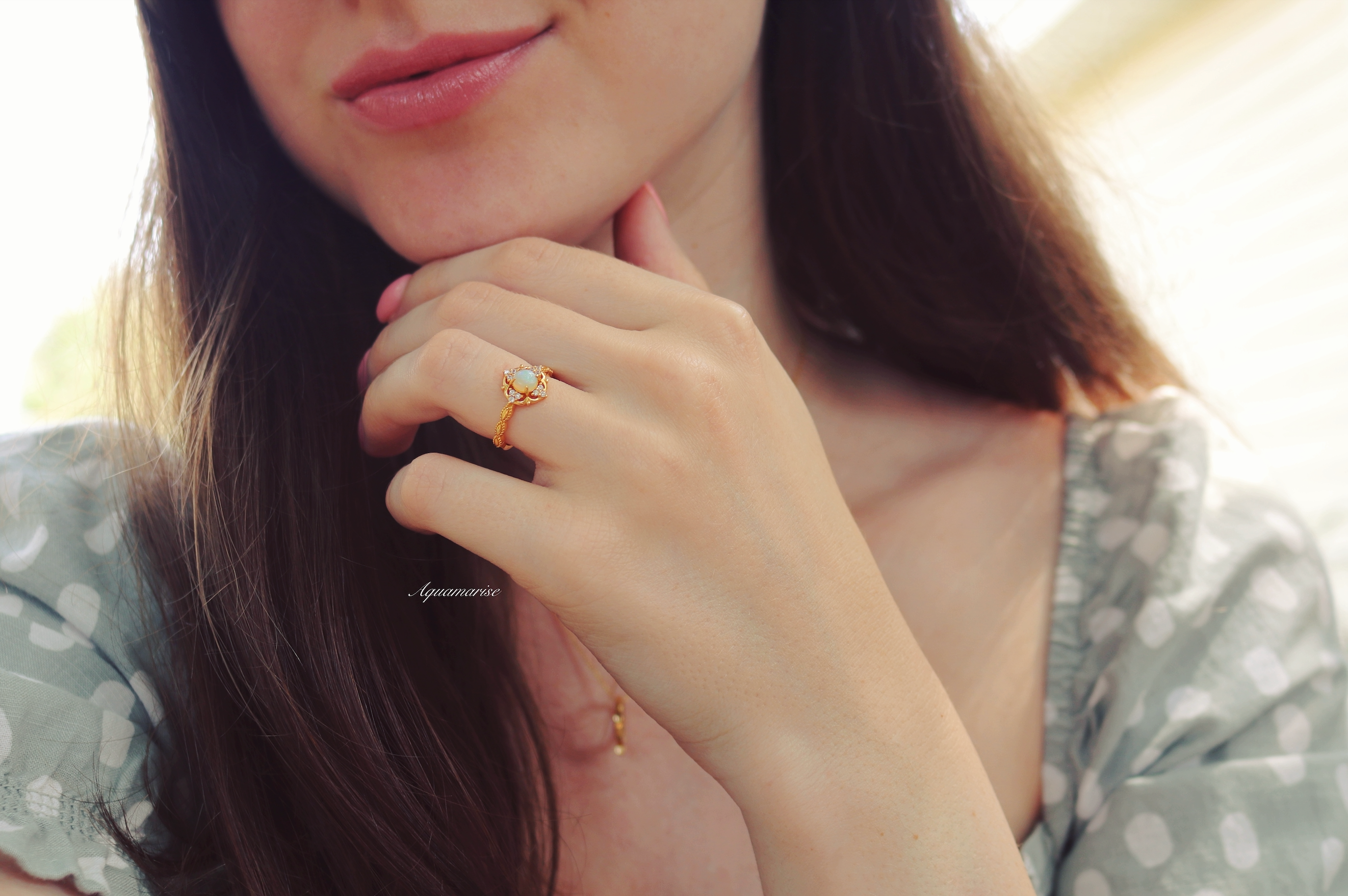 Claire Australian Opal Ring 14K Yellow Gold Vermeil - Elegant Birthstone Jewelry for Women, Perfect Gift for Anniversary, Birthday & Special Occasions