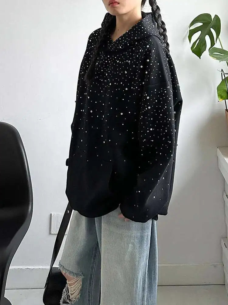 Black Rhinestone Embellished Thick Hooded Sweatshirt for Women - Oversized Long Sleeve Pullover | Trendy Spring & Fall 2025 Fashion | Perfect for Casual Outings, Streetwear & Layering