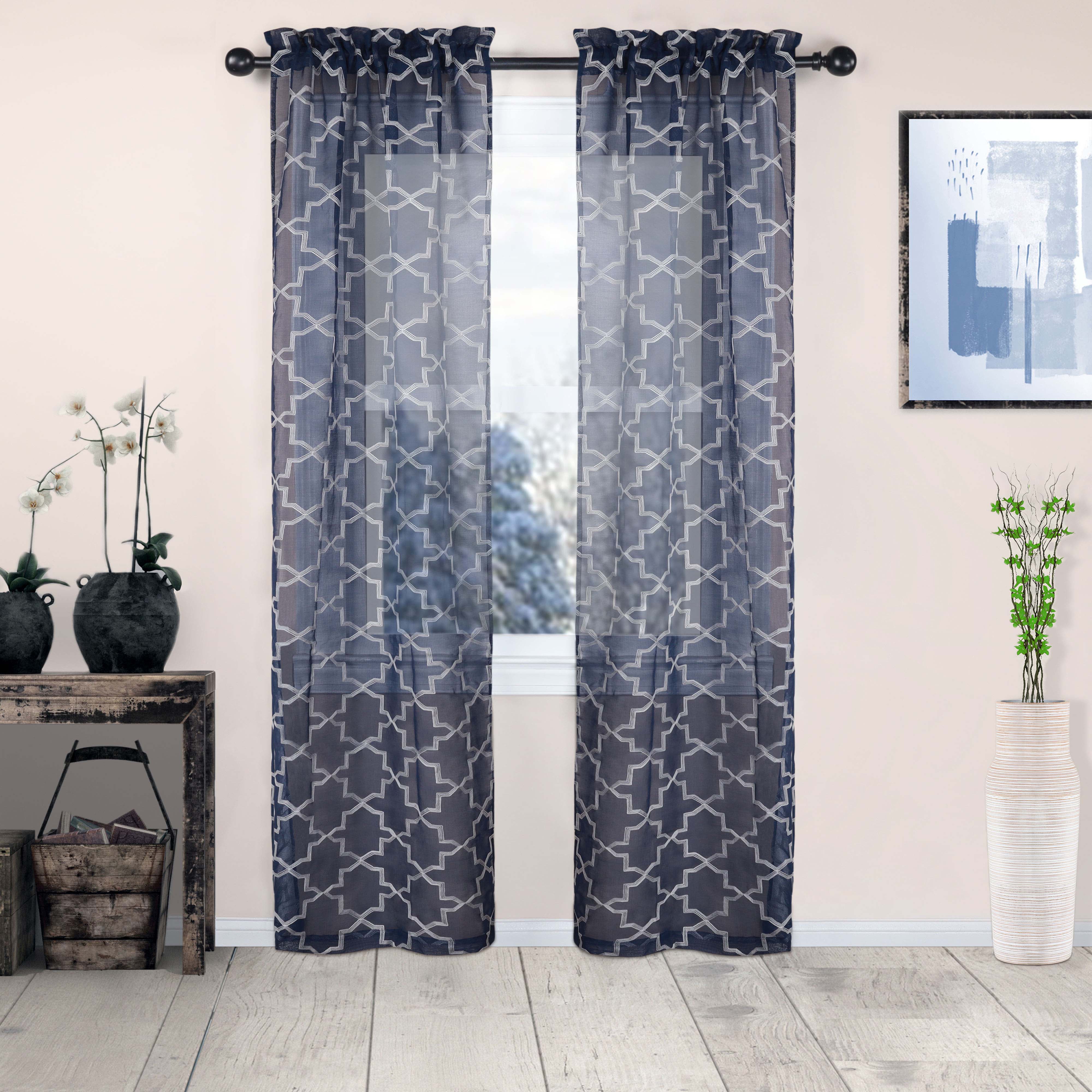Embroidered Quatrefoil Semi-Sheer 2-Piece Curtain Panel Set - Elegant Window Treatment for Living Room & Bedroom Decor