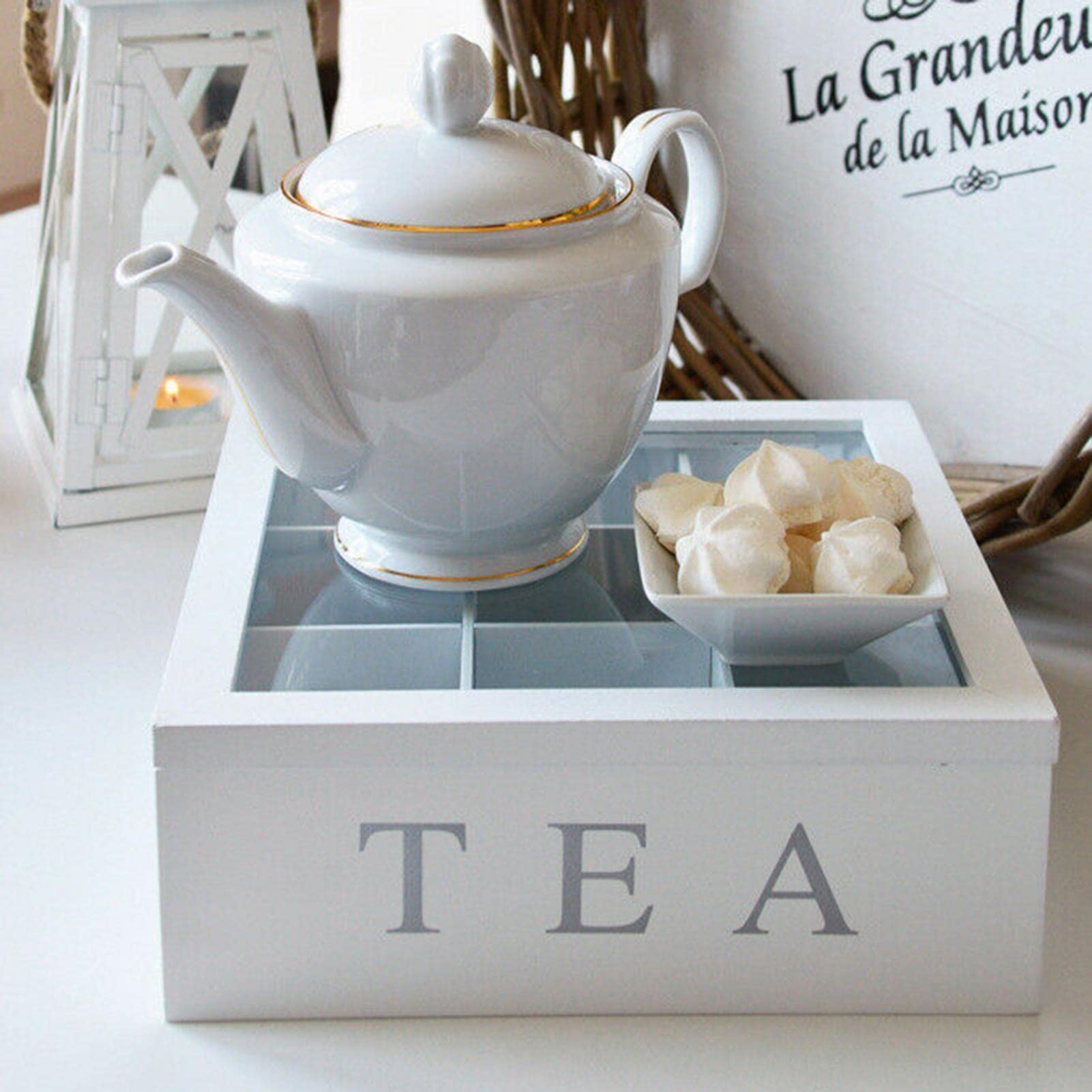 Bamboo Tea Bag Storage Box with Clear Lid - 9 Compartment Rustic Kitchen Organizer for Tea Pouches, Sugar Packets & Coffee Pods | Perfect for Pantry, Office & Gift Giving