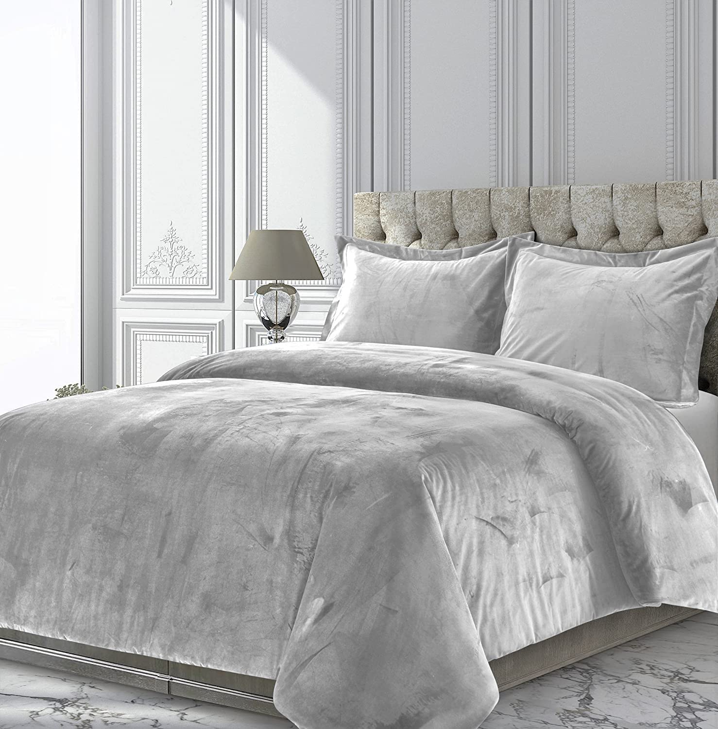 Luxury 600 GSM Crinkle Crushed Velvet Comforter Set - Light Gray 84