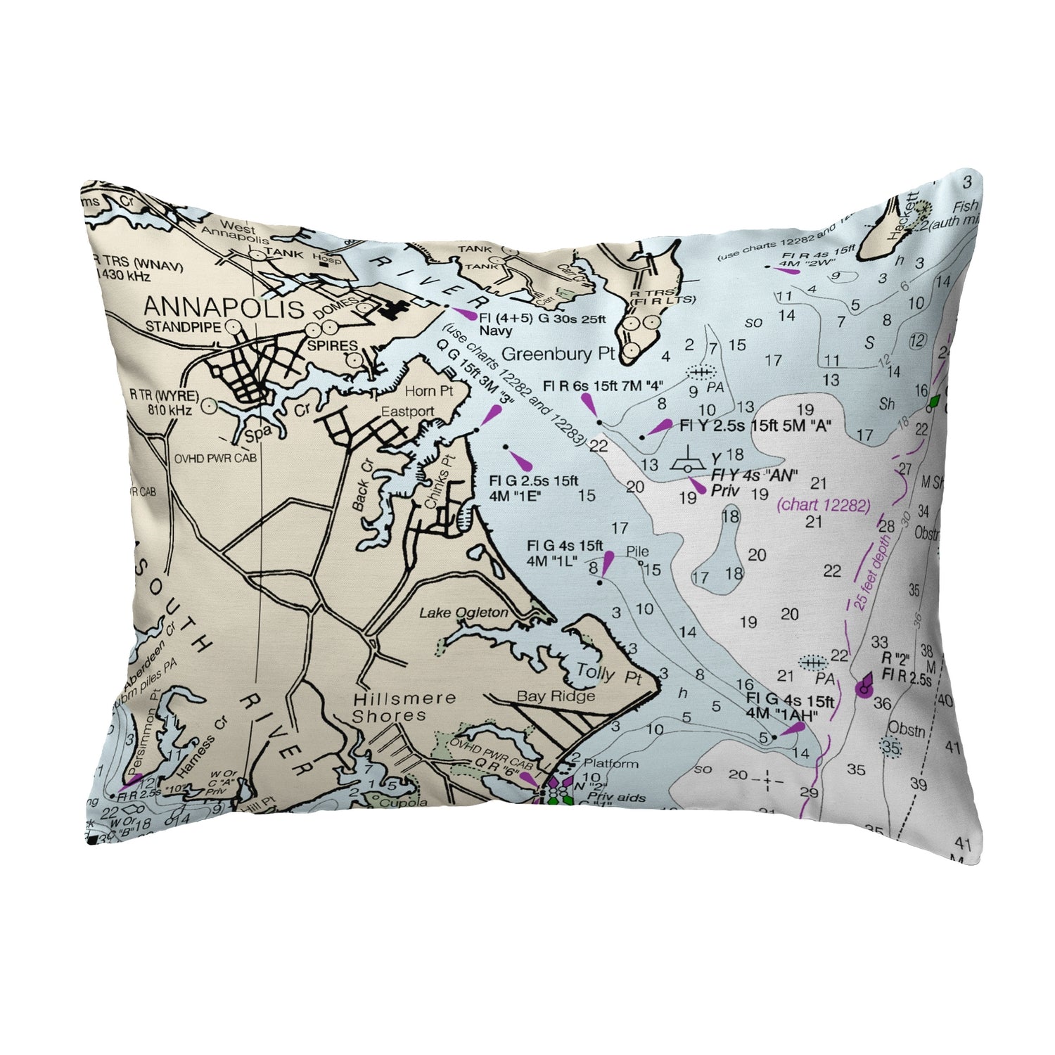 Annapolis MD Nautical Map Decorative Throw Pillow - Indoor Outdoor Waterproof Cushion Cover for Boat, Beach House, Porch & Patio Decor