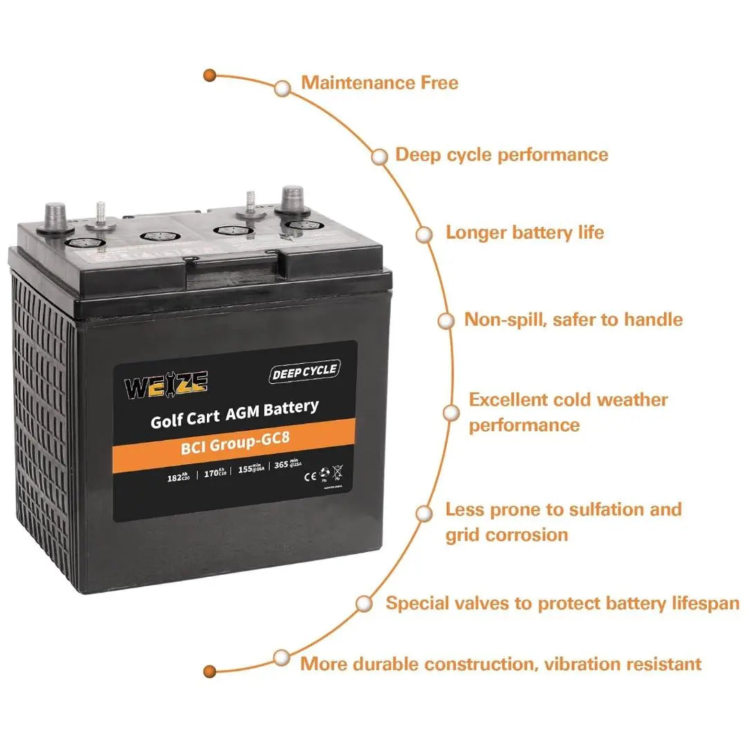 WEIZE 8V 182AH BCI Group GC8 AGM Deep Cycle Golf Cart Battery - Perfect for Golf Carts, Electric Vehicles & Solar Power Storage