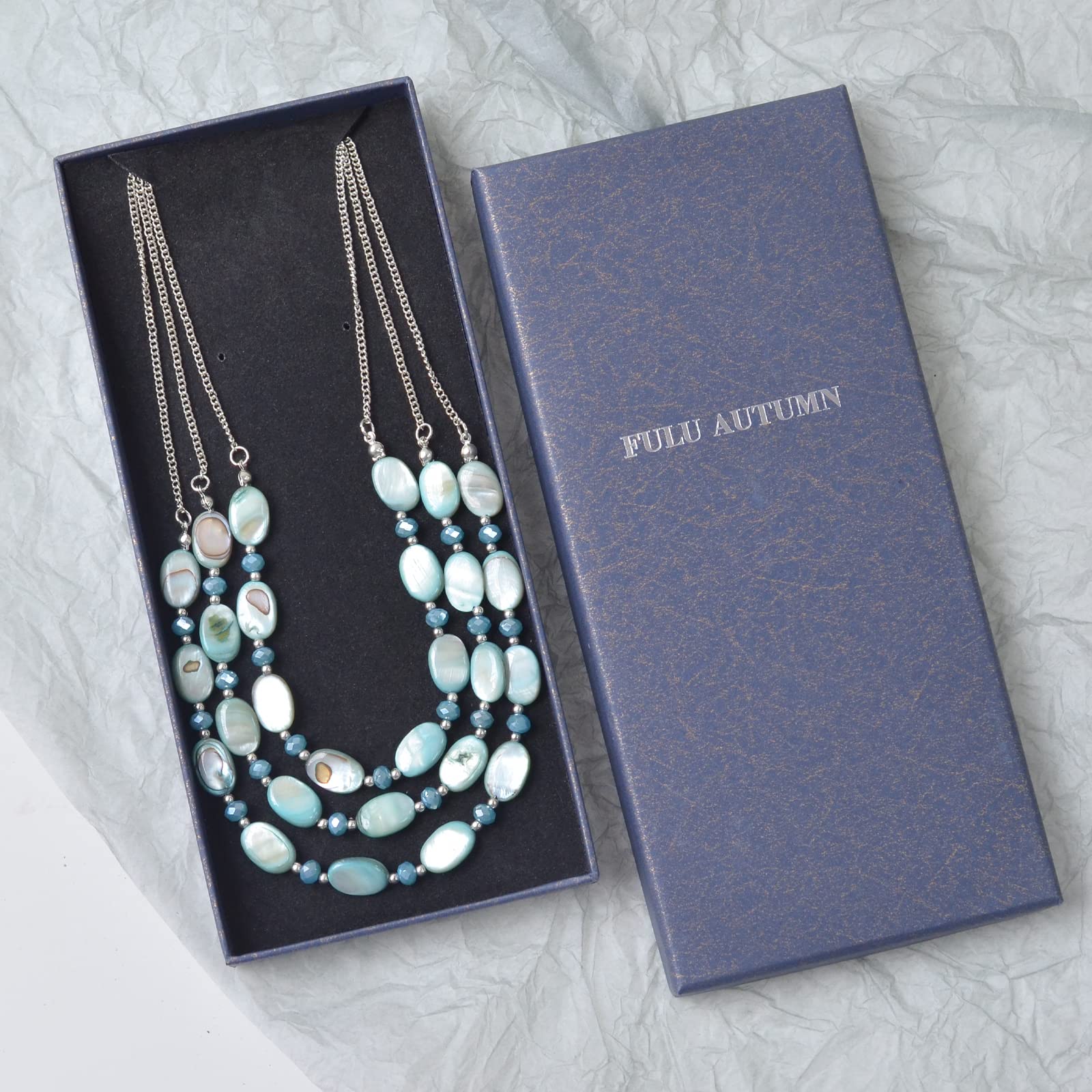 FULU AUTUMN Women's Chunky Layered Beaded Necklace - Silver Chain Statement Jewelry Gift for Her (Grey Blue) | Perfect for Casual Outfits, Office Wear & Special Occasions