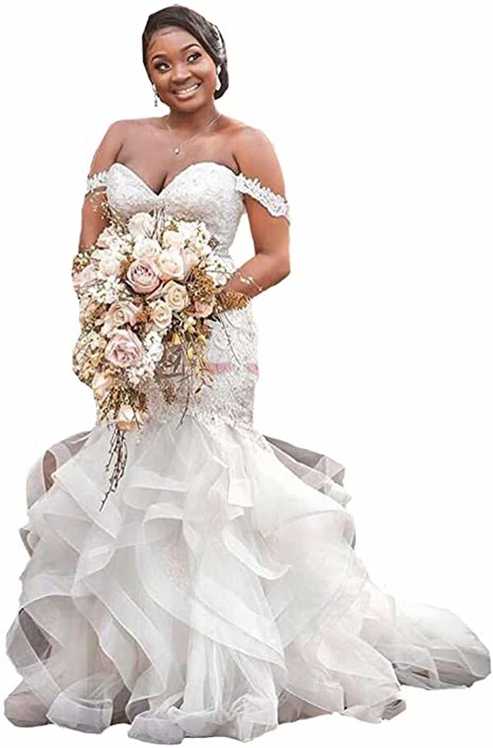 Elegant Plus Size Mermaid Wedding Dress with Lace Appliques & Sweetheart Off-Shoulder Neckline – Perfect for Bridal Gowns, Beach Weddings & Formal Ceremonies