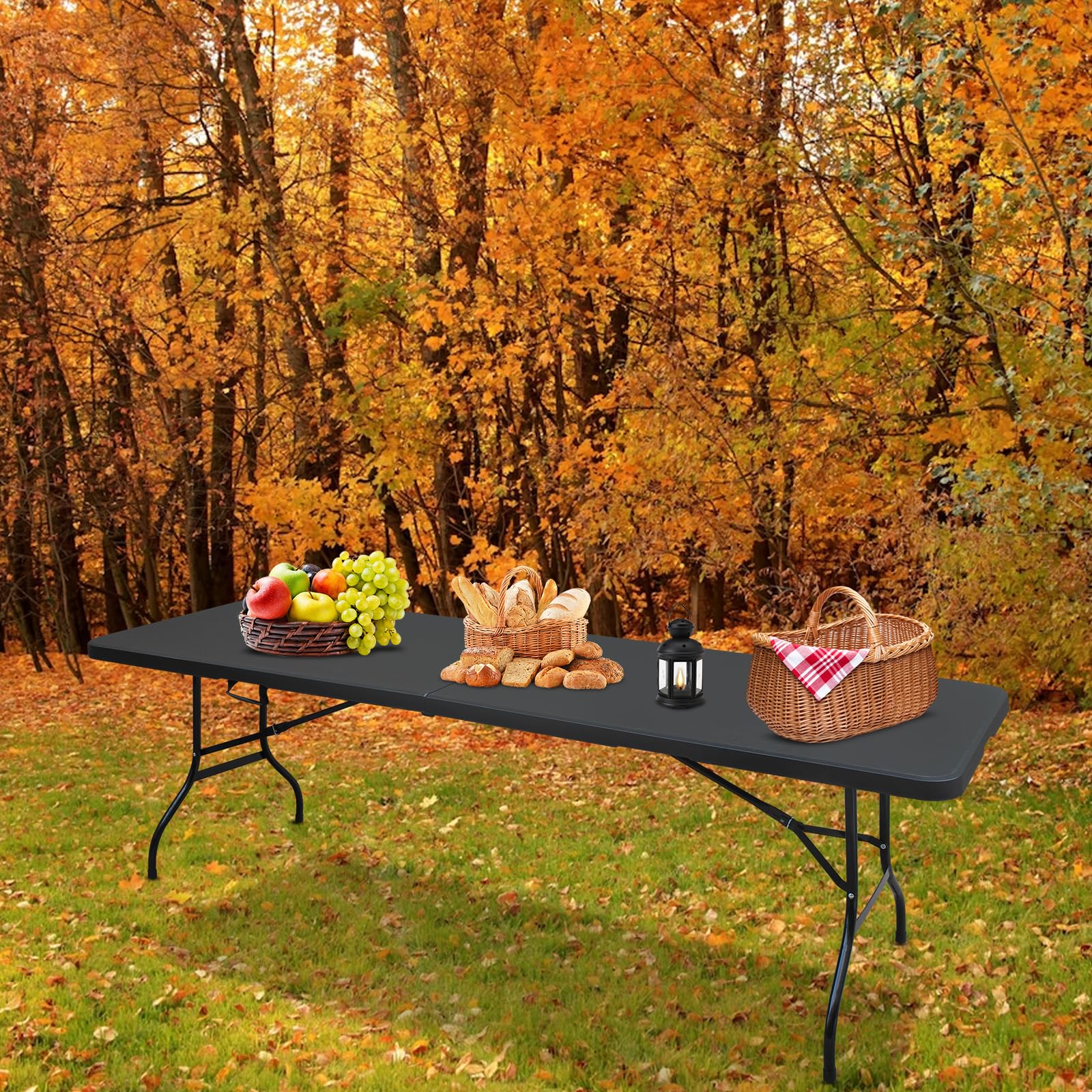 Heavy Duty Portable Folding Table 4ft/6ft/8ft - White & Black Plastic Picnic Dining Table for Camping, Parties, Kitchen, Indoor & Outdoor Use - Fold-in-Half Design for Easy Storage & Transport