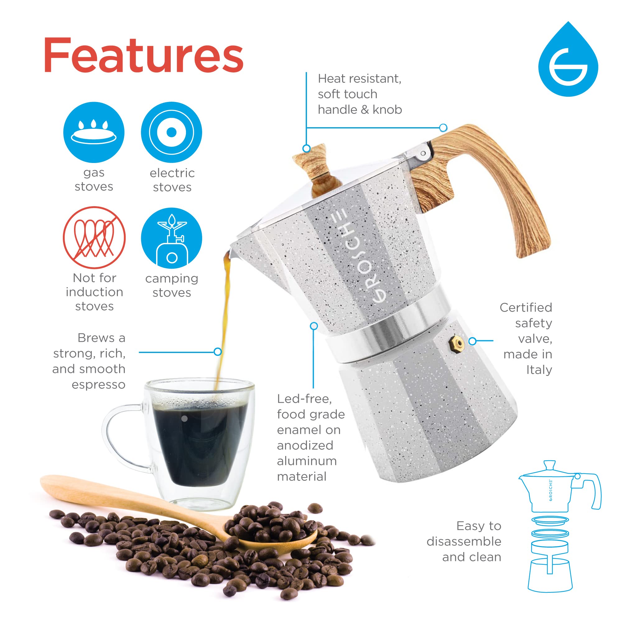 GROSCHE Milano Moka Pot - 9 Cup Stovetop Espresso Maker & Coffee Percolator for Italian Coffee (Grey) - Perfect for Home Brewing, Camping & Gifts