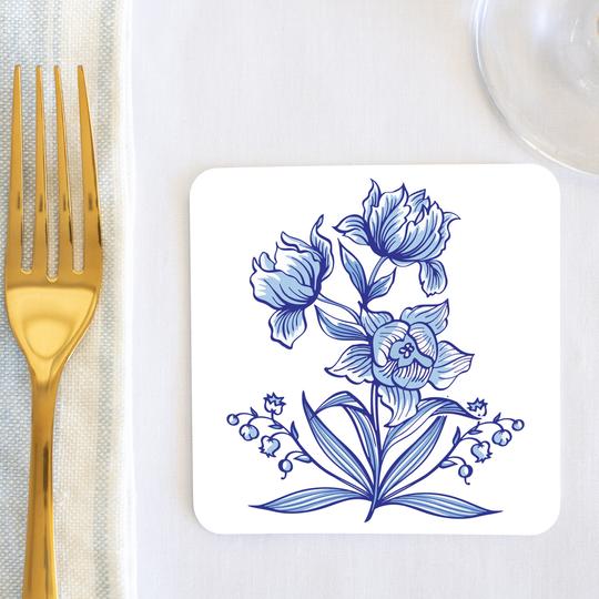 Delft Daffodil Coaster Set - 6-Pack Dutch Floral Ceramic Coasters for Coffee & Tea - Perfect for Home, Office & Gift Giving
