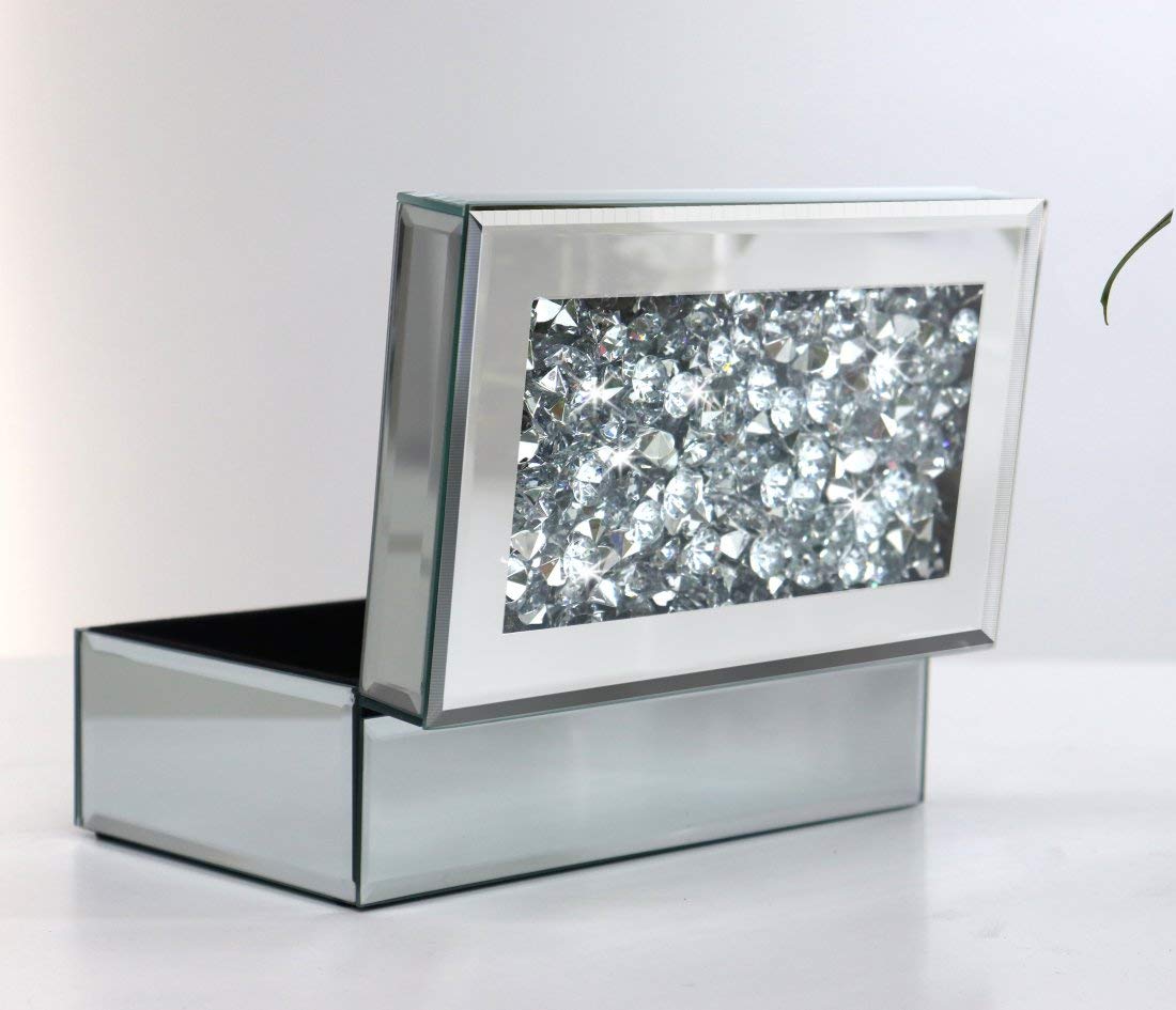 Luxury Silver Crushed Diamond Glass Jewelry Box Organizer - Elegant Mirror Storage Case for Necklaces, Rings & Earrings - Perfect for Women's Dresser, Wedding Gift & Travel Jewelry Organizer