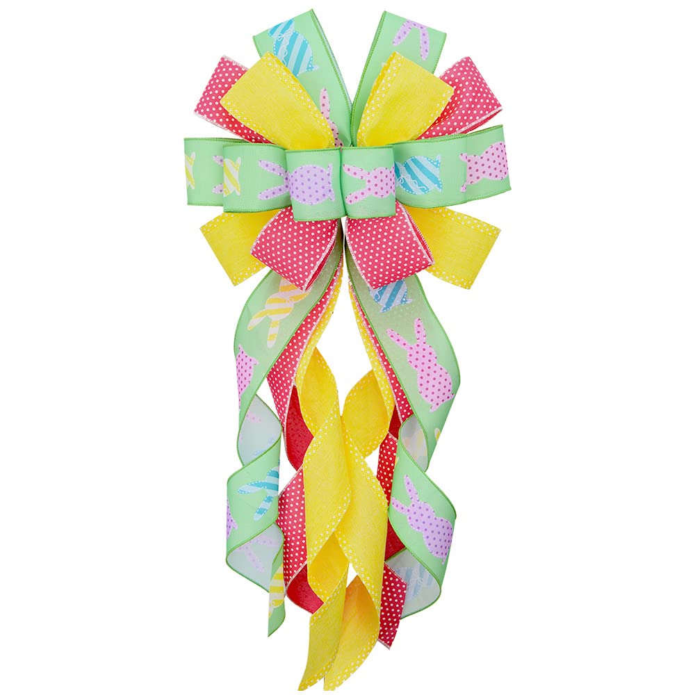 Large Easter Wreath Bows for Front Door - Pink Yellow Green Burlap Bows with Easter Bunny Rabbits Design | Spring Holiday Decor for Wreaths, Wall, Tree Topper | Perfect for Easter Home Decorations & Spring Party