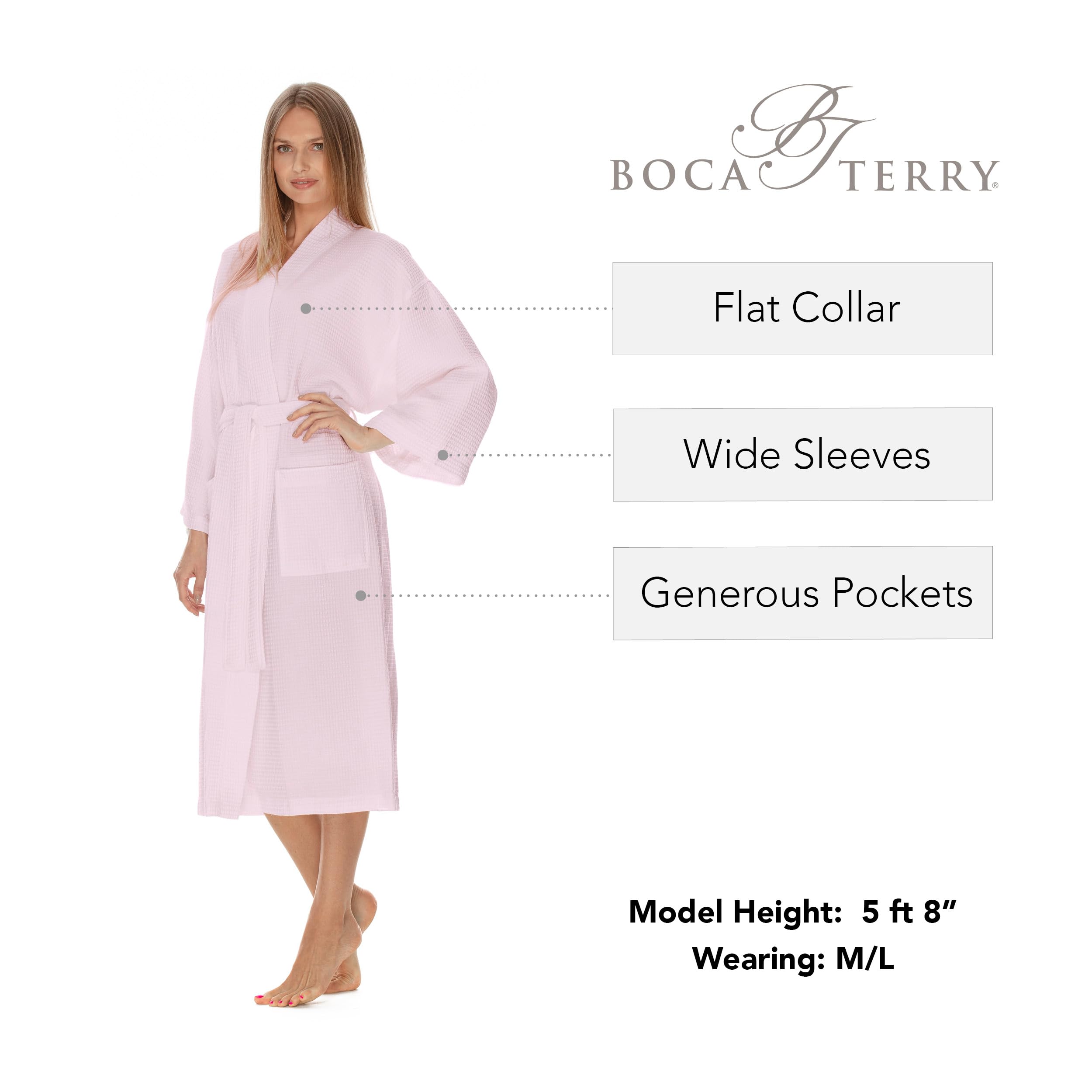 BOCA TERRY Women's Waffle Knit Robe - Soft Long Cotton Kimono Bathrobe for Spa, Hotel & Home Relaxation | Cozy Loungewear for Women