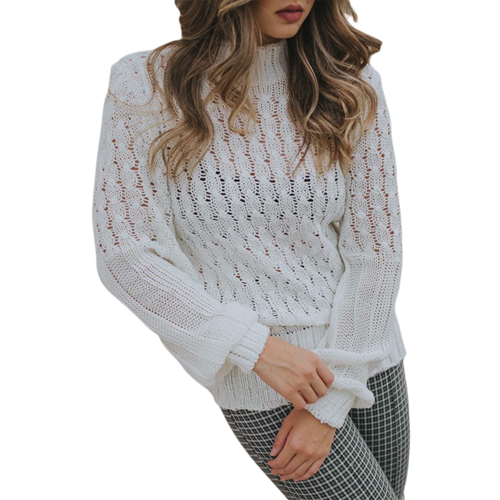 Y2K Puff Sleeve Crochet Sweater for Women - Fall Knit Pullover with Hollow Out Design & Turtleneck - Trendy Streetwear Top for Casual Outings, Date Nights & Coffee Dates