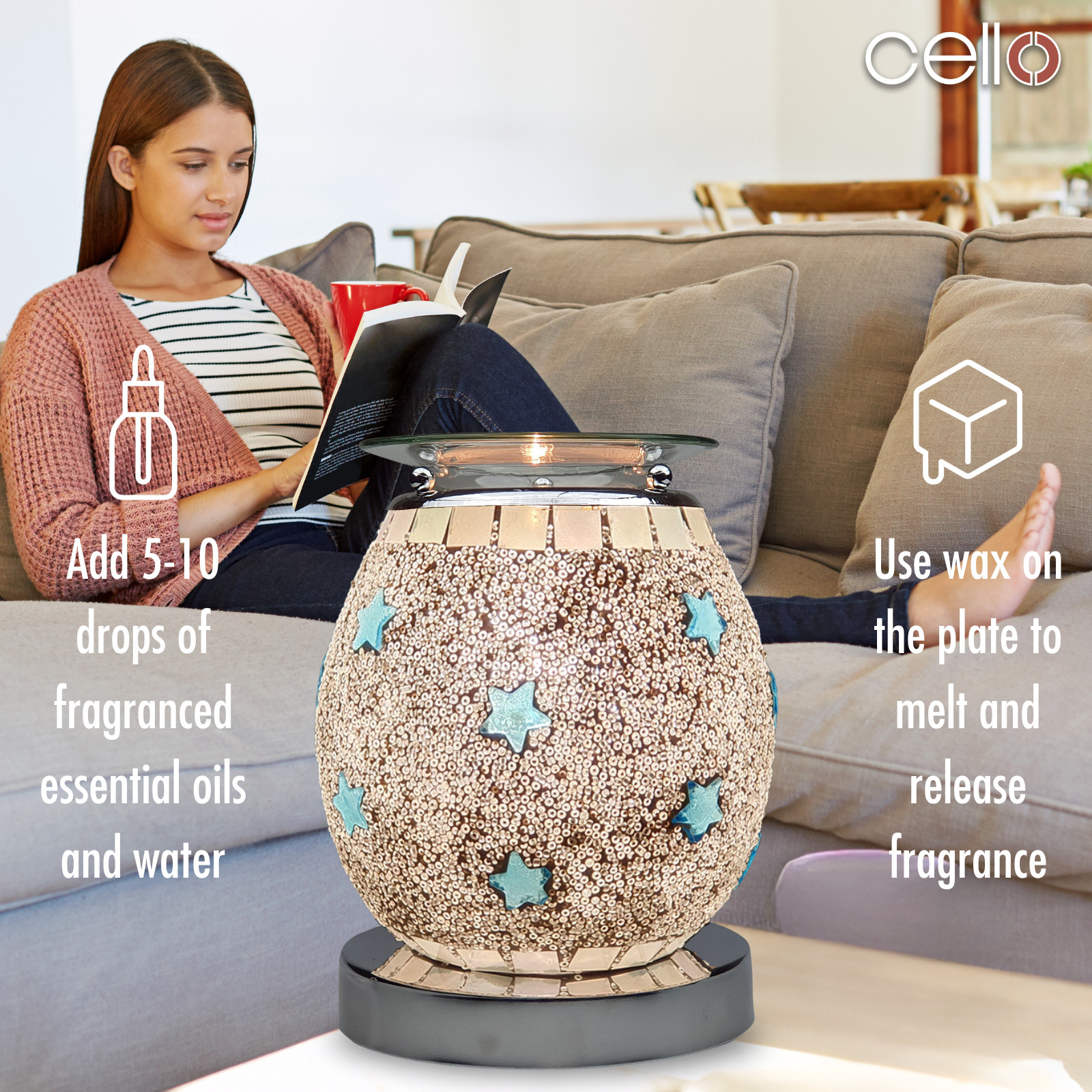 Cello Electric Wax Melter with Touch Control - Mosaic Blue Star Design for Aromatherapy & Home Fragrance