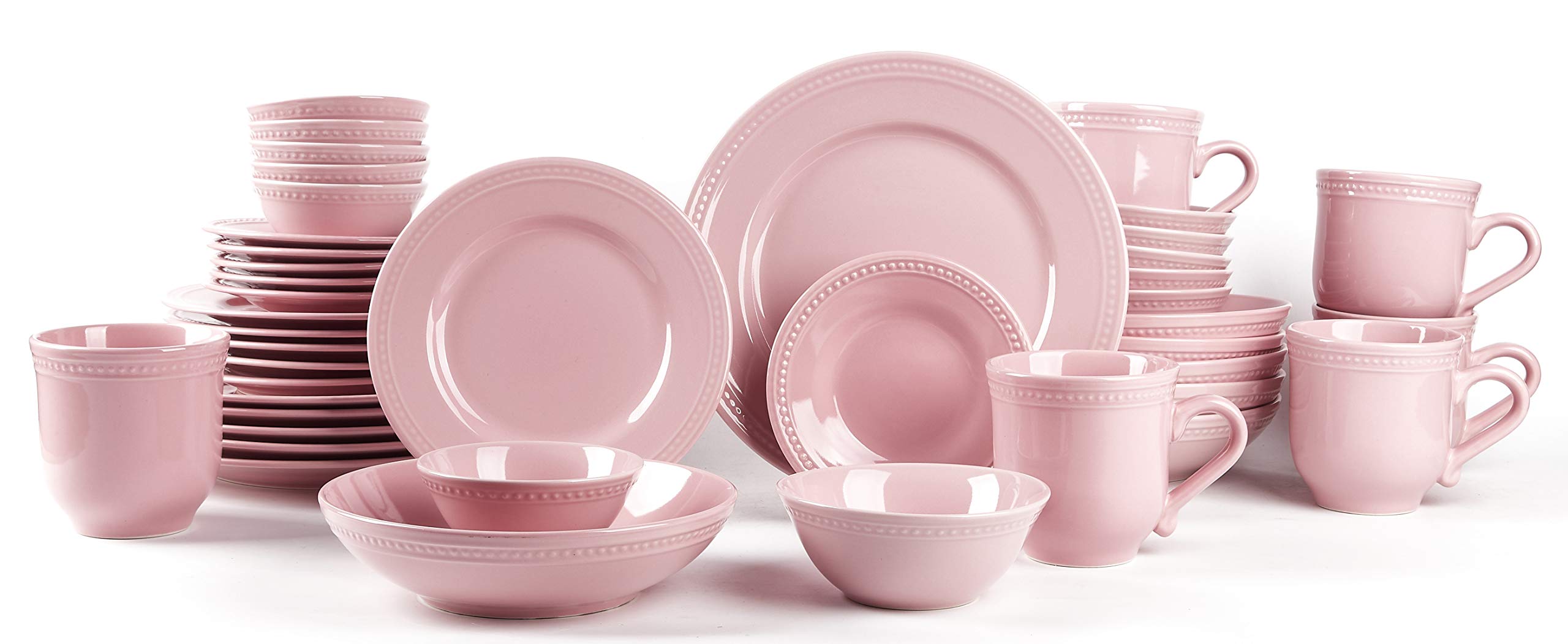 Premium Pearl Dots Stoneware Dinnerware Set - 42 Piece Dinner Set in Elegant Pink | Chip & Scratch Resistant | Perfect for Family Dinners, Holiday Entertaining & Restaurant Use