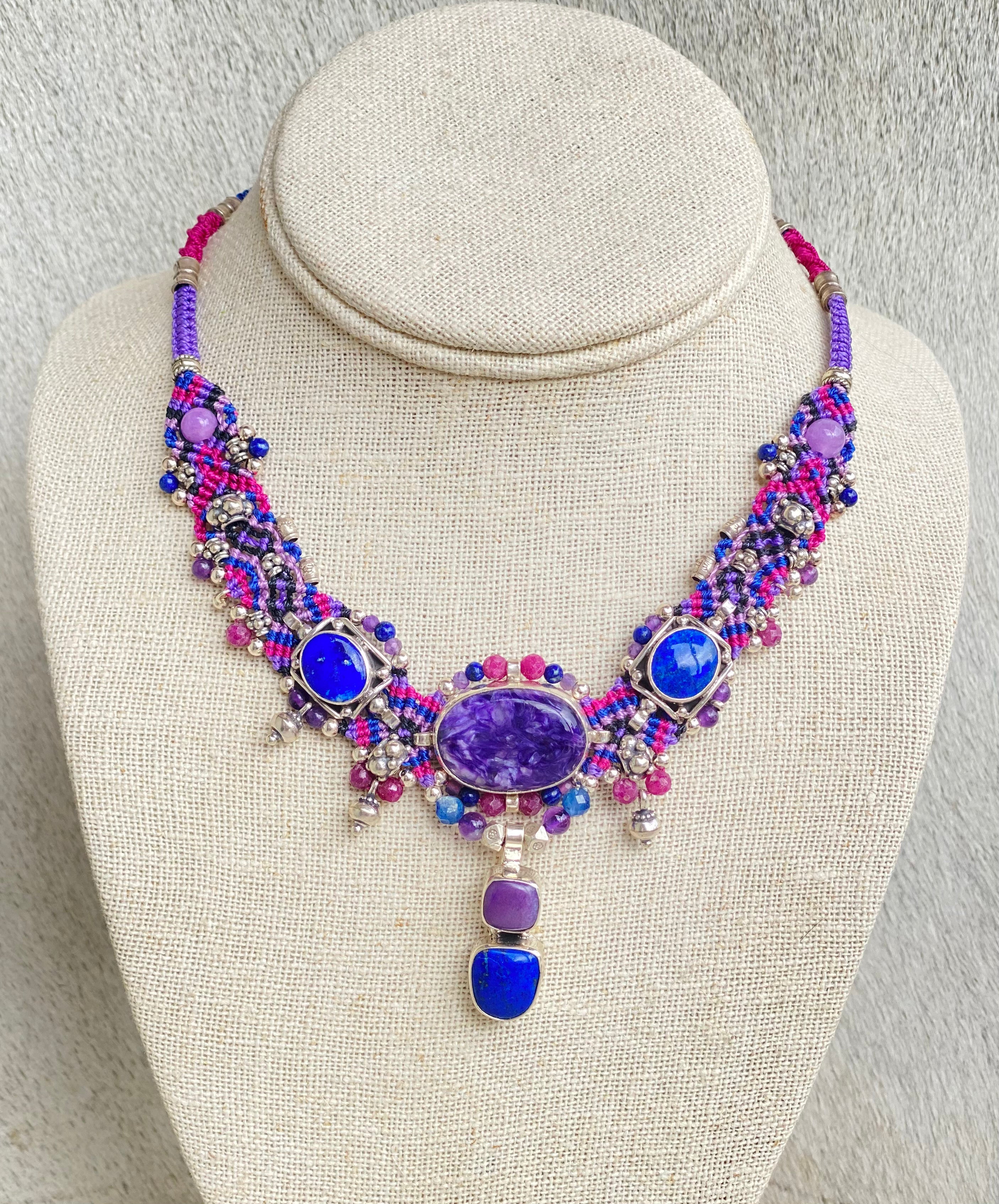 Handmade Macramé Choker Necklace with Charoite & Lapis Lazuli Beads - Boho Chic Jewelry for Women, Perfect for Music Festivals and Beach Outfits