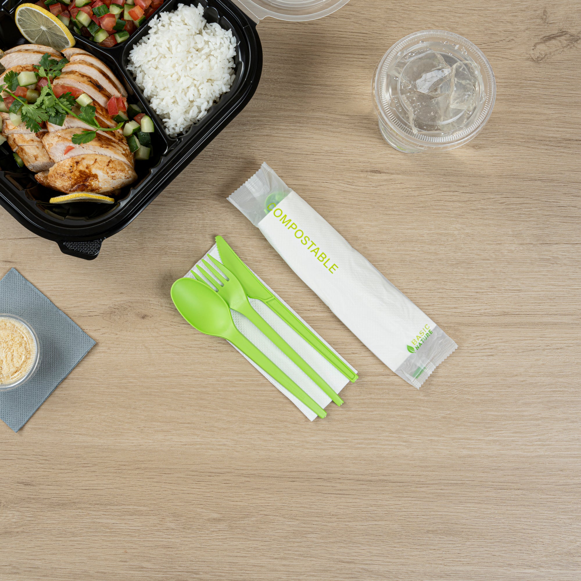 Eco-Friendly Compostable CPLA Plastic Cutlery Set - 100-Piece Box with Heat-Resistant Forks, Knives, Spoons & White Napkins | Perfect for Picnics, Parties, Catering & Sustainable Dining