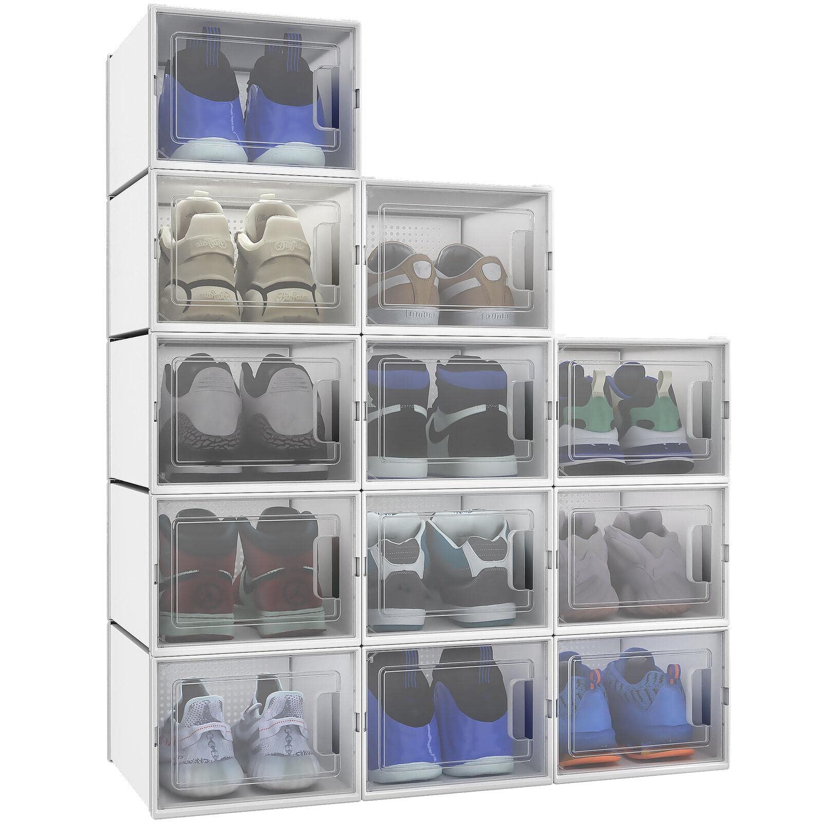 12-Pack Clear Plastic Shoe Storage Box Organizer - Stackable Shoe Rack for Closet, Under Bed, Entryway - Perfect for Sneakers, Heels, Boots & Shoe Collection Organization