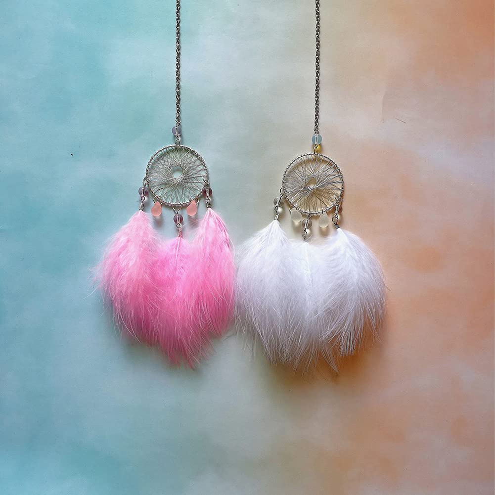 White Feather Dream Catcher Car Charm - Lucky Crystal Car Ornament & Rear View Mirror Pendant | Spiritual Car Accessories for Women | Perfect for Road Trips, Meditation & Positive Energy in Your Vehicle