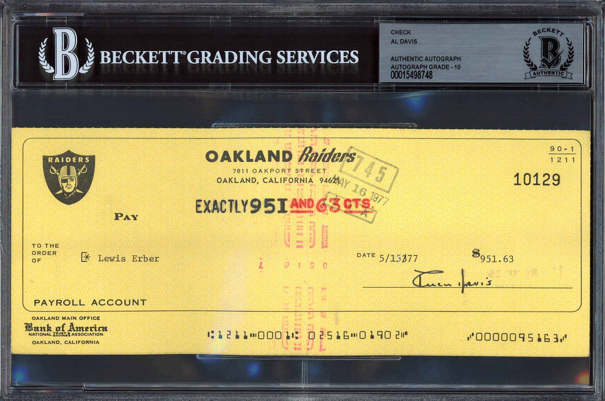 Authentic Al Davis Autographed Check - Oakland Raiders Owner - Beckett BAS #15498748 Gem Mint 10 - Perfect for NFL Memorabilia Collectors & Raiders Fans Display