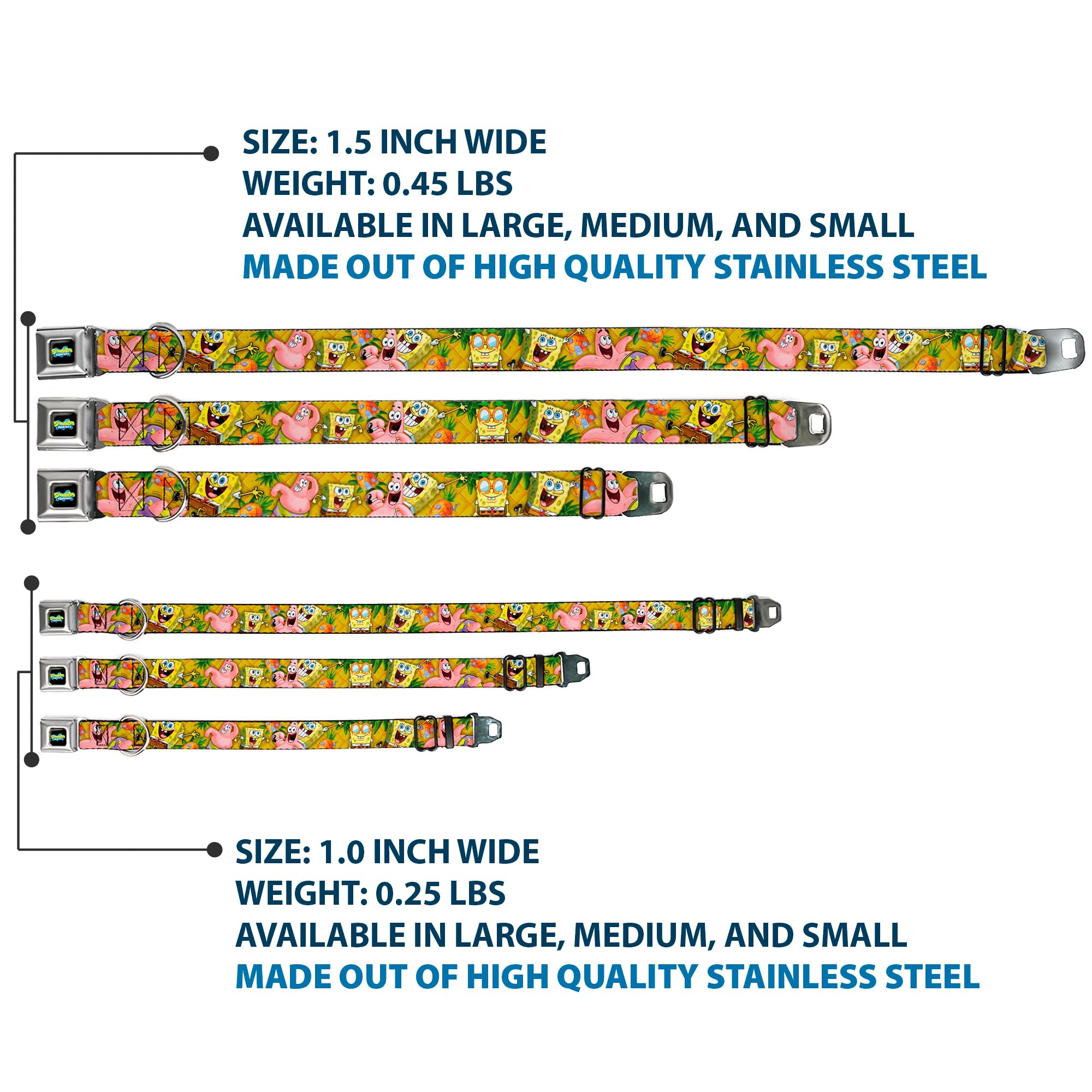 SpongeBob & Patrick Starfish Dog Collar with Seatbelt Buckle - 16 to 23 Inches Adjustable, 1.5 Inch Wide - Fun Cartoon Pet Accessory for Walks, Travel & Costume Parties
