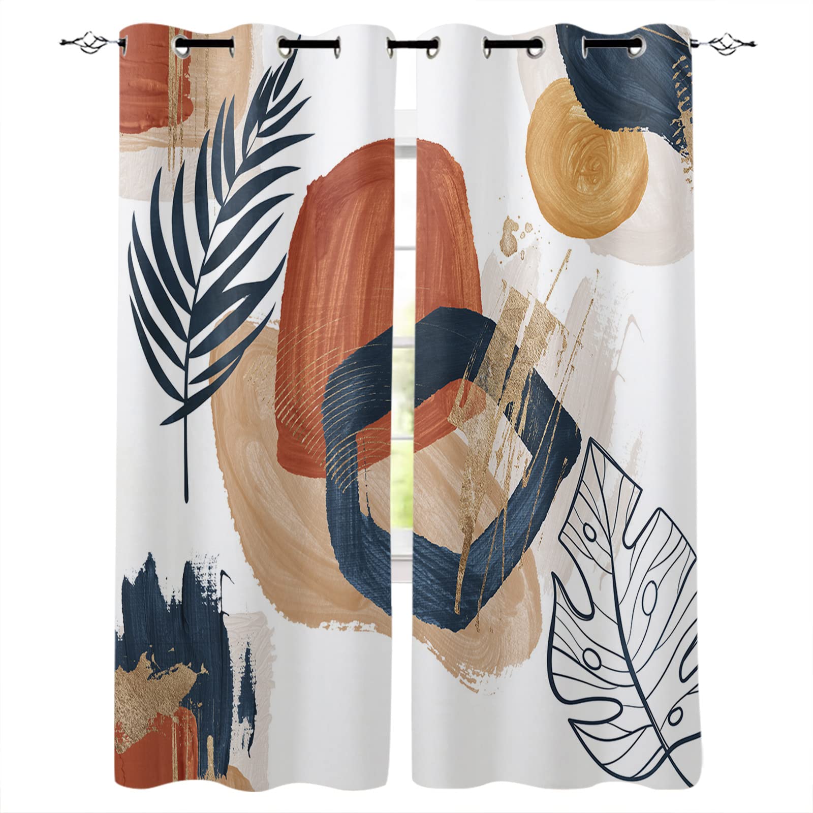 Mid Century Modern Curtains - Boho Abstract Palm Leaves Geometric Blackout Curtains for Living Room & Bedroom (2 Panels, 52x96 Inches) - Thermal Insulated Room Darkening Drapes for Home Decor, Privacy & Sun Protection