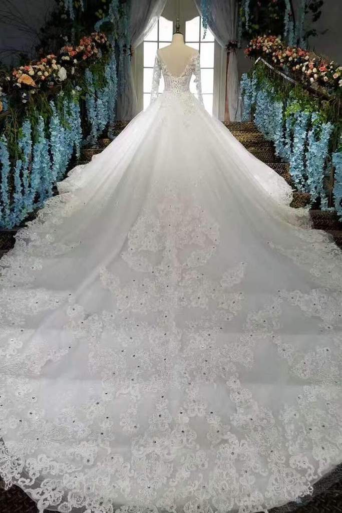 Elegant Off-The-Shoulder Rhinestone Lace Wedding Dress with Long Sleeves & Royal Train - Perfect for Bridal Gowns, Formal Events & Princess-Themed Weddings