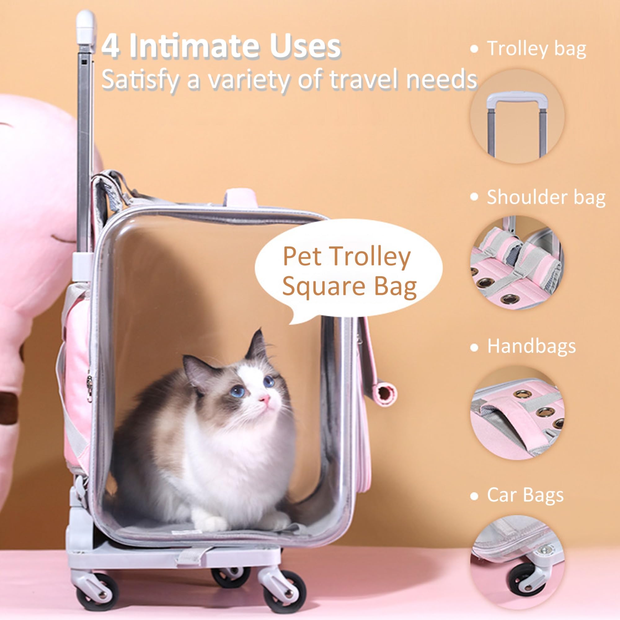 Portable Pet Carrier Trolley Bag - Durable Wheeled Cat & Dog Travel Duffel Backpack with Silent Wheels, Adjustable Handle (Pink/Gray) - Perfect for Air Travel, Vet Visits & Outdoor Adventures