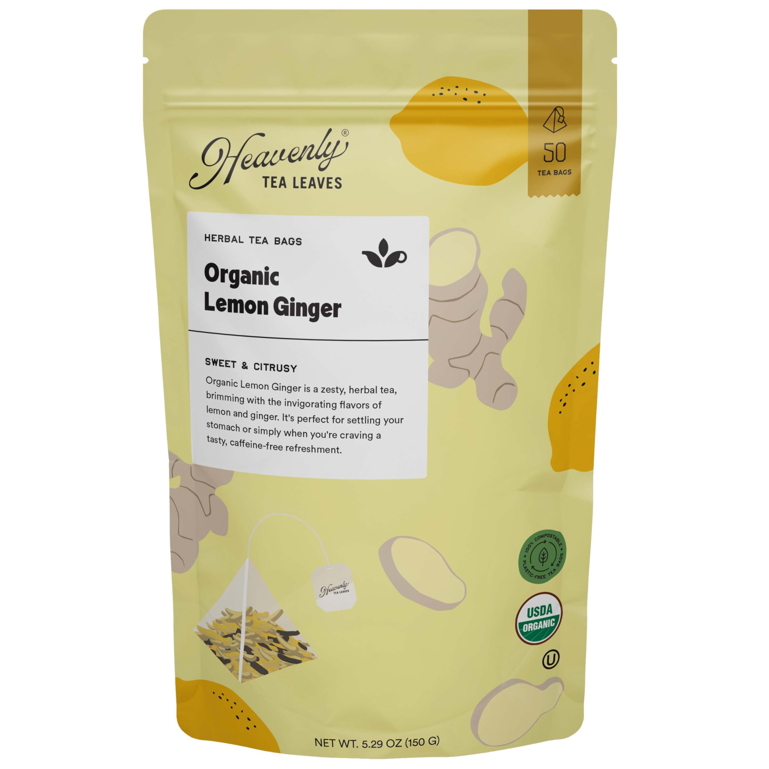 Organic Lemon Ginger Tea Bags (50 Count) - Premium Whole Leaf Herbal Tea, 100% Plastic-Free & Compostable Pyramid Sachets - Perfect for Relaxation, Immunity Boost & After-Meal Digestion