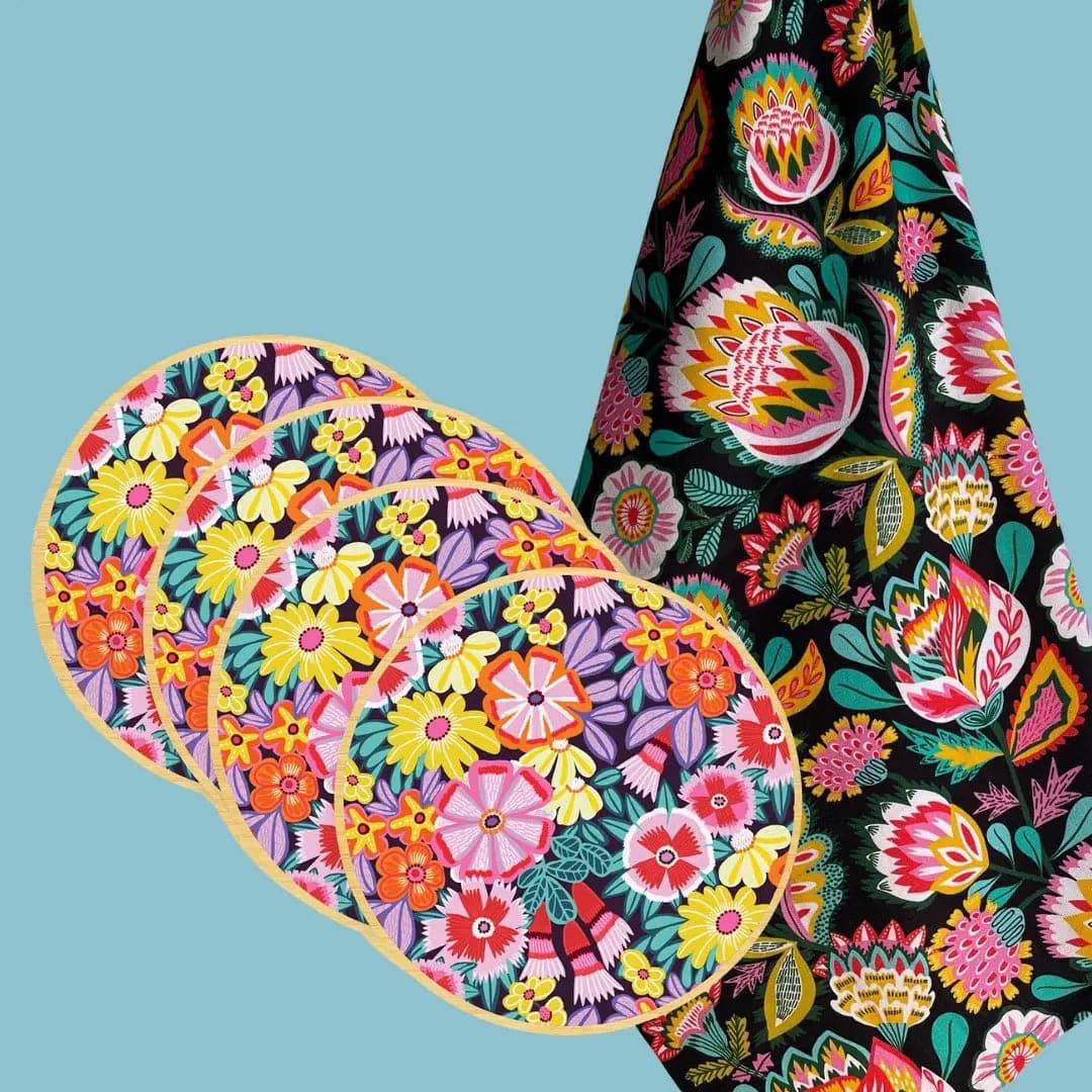 Handmade Folk Floral Tea Towel & Australian Wooden Coaster Set - Perfect for Kitchen Decor, Housewarming Gifts & Tea Party Essentials