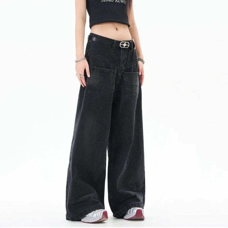 American Style Men's Denim Jeans - Casual Solid Color Reverse Pocket Design, Straight Wide Leg Baggy Fit for Spring | Perfect for Streetwear, Casual Outings & Everyday Wear (Style 9W1202)