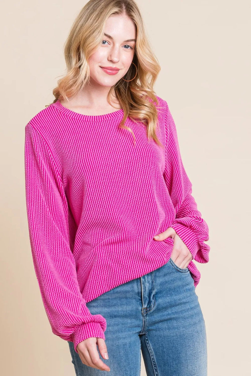 BOMBOM Women's Long Sleeve Ribbed T-Shirt with Curved Hem - Casual Stretch Fit Top for Everyday Wear, Work & Date Night Outfits