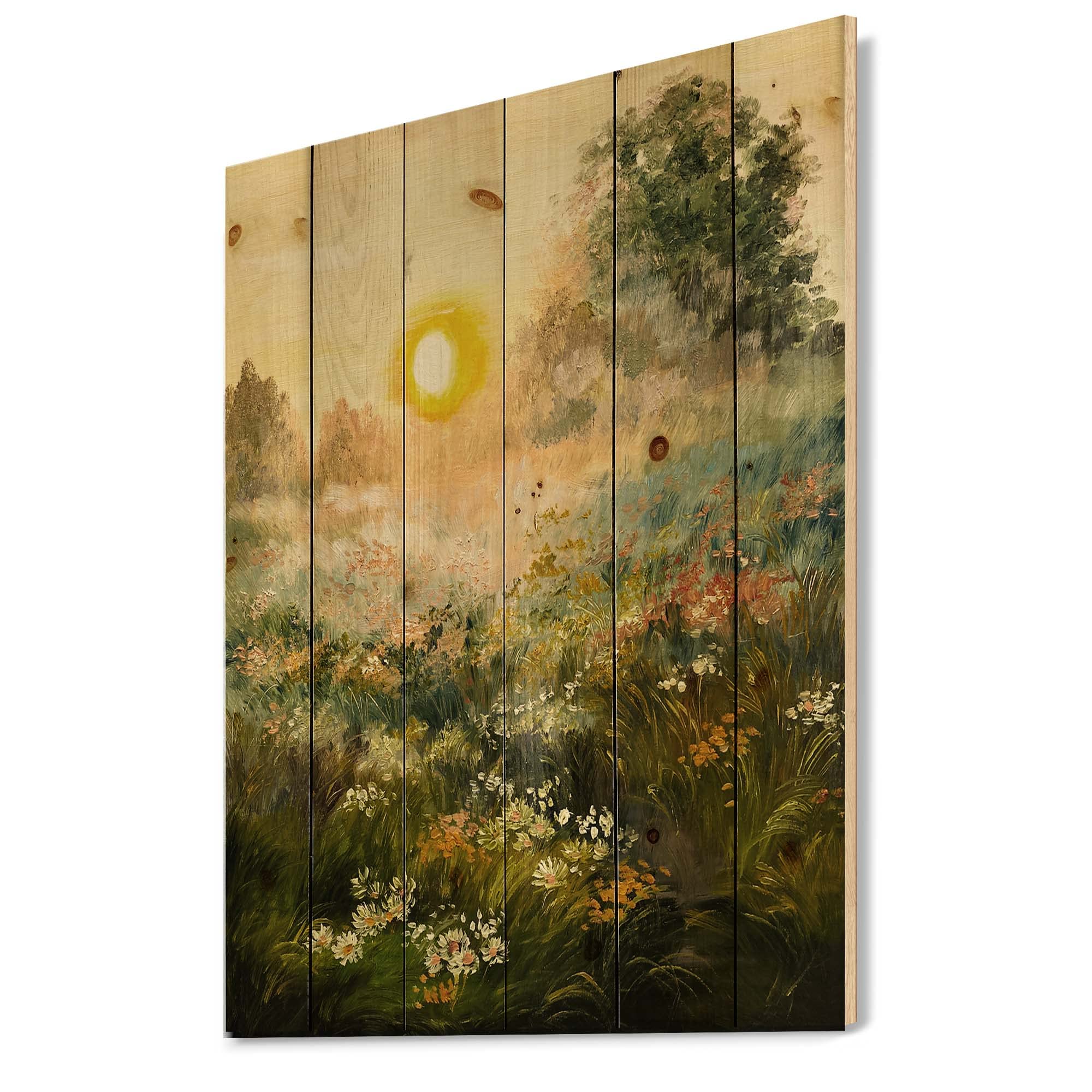 DesignQ Sunrise In The Blossoming Field Farmhouse Wood Wall Decor - Large Green Landscape Wall Art Panel Printed on Natural Pine Wood - Perfect for Living Room, Bedroom & Home Office Decor