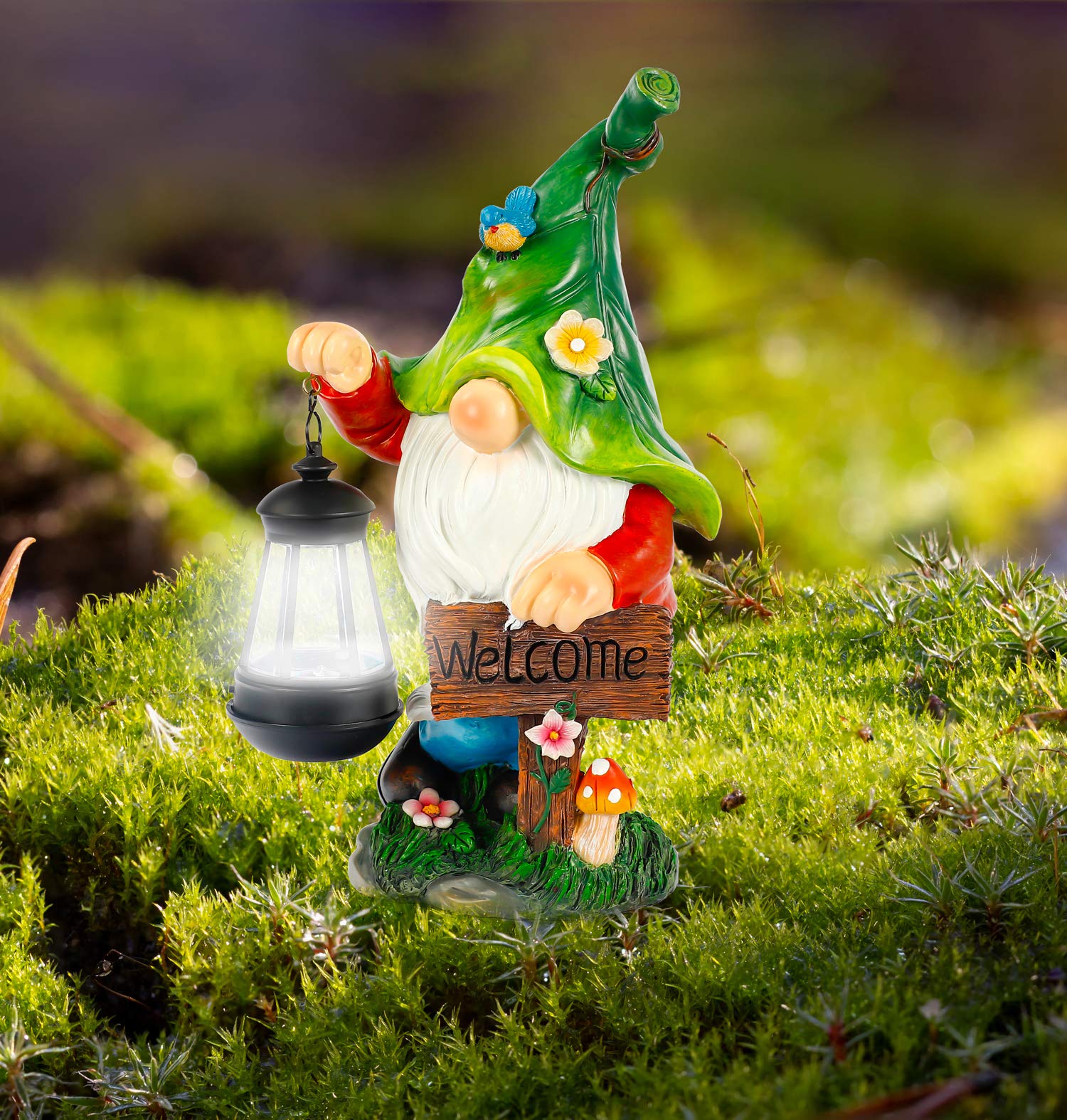Solar-Powered Garden Gnome Statue with LED Lights & Welcome Sign - Waterproof Resin Outdoor Decor for Patio, Lawn, Garden & Indoor Use - Perfect for Nighttime Illumination & Home Decoration