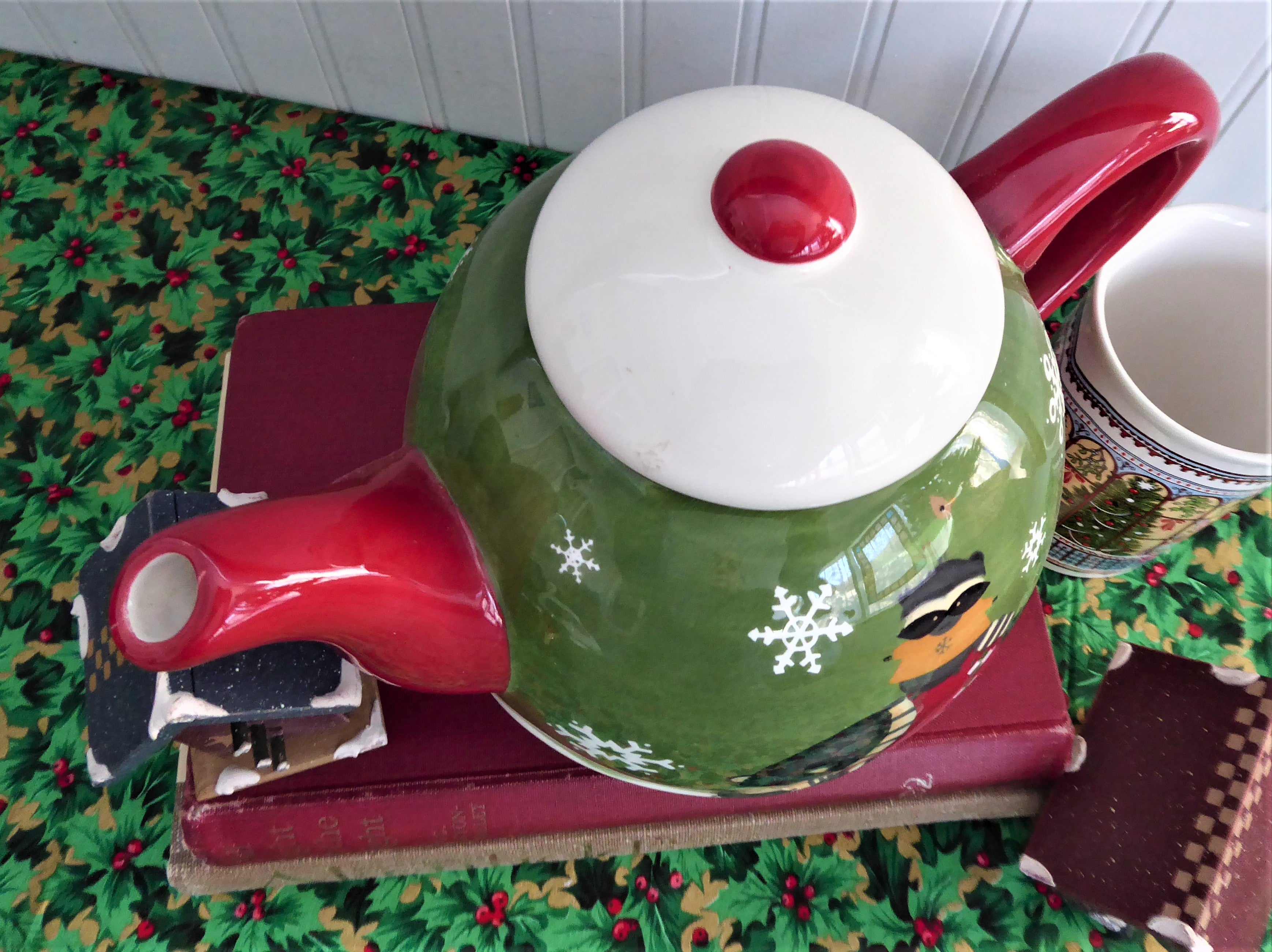 Debbie Mumm Christmas Winter Folk Art Teapot with Bear and Raccoon Design - Large Holiday Teapot for Winter Decorations, Gift Giving & Cozy Tea Time
