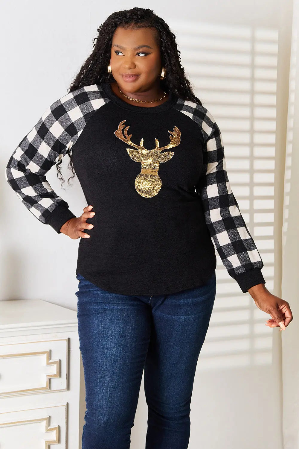Heimish Women's Full Size Sequin Reindeer Graphic Plaid Blouse - Christmas Party, Holiday Outfit, Festive Fashion Top for Women
