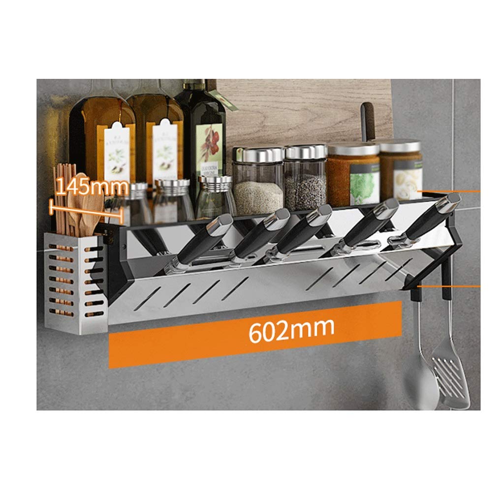 Stainless Steel Wall-Mounted Kitchen Spice Rack with Cutlery Holder & Hooks - No Drill Installation Space Saving Organizer for Spices, Utensils & Kitchen Supplies (Black) - Perfect for Small Kitchens, Pantries & RV Cooking Spaces