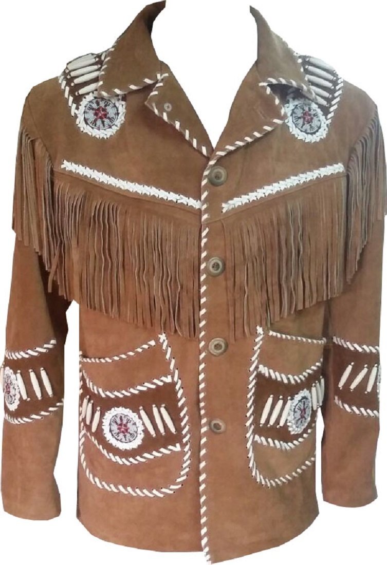LEATHERAY Men's Western Cowboy Fringe Jacket - Brown Suede Leather Bomber Style Coat for Rodeo, Country Music Festivals & Outdoor Adventures