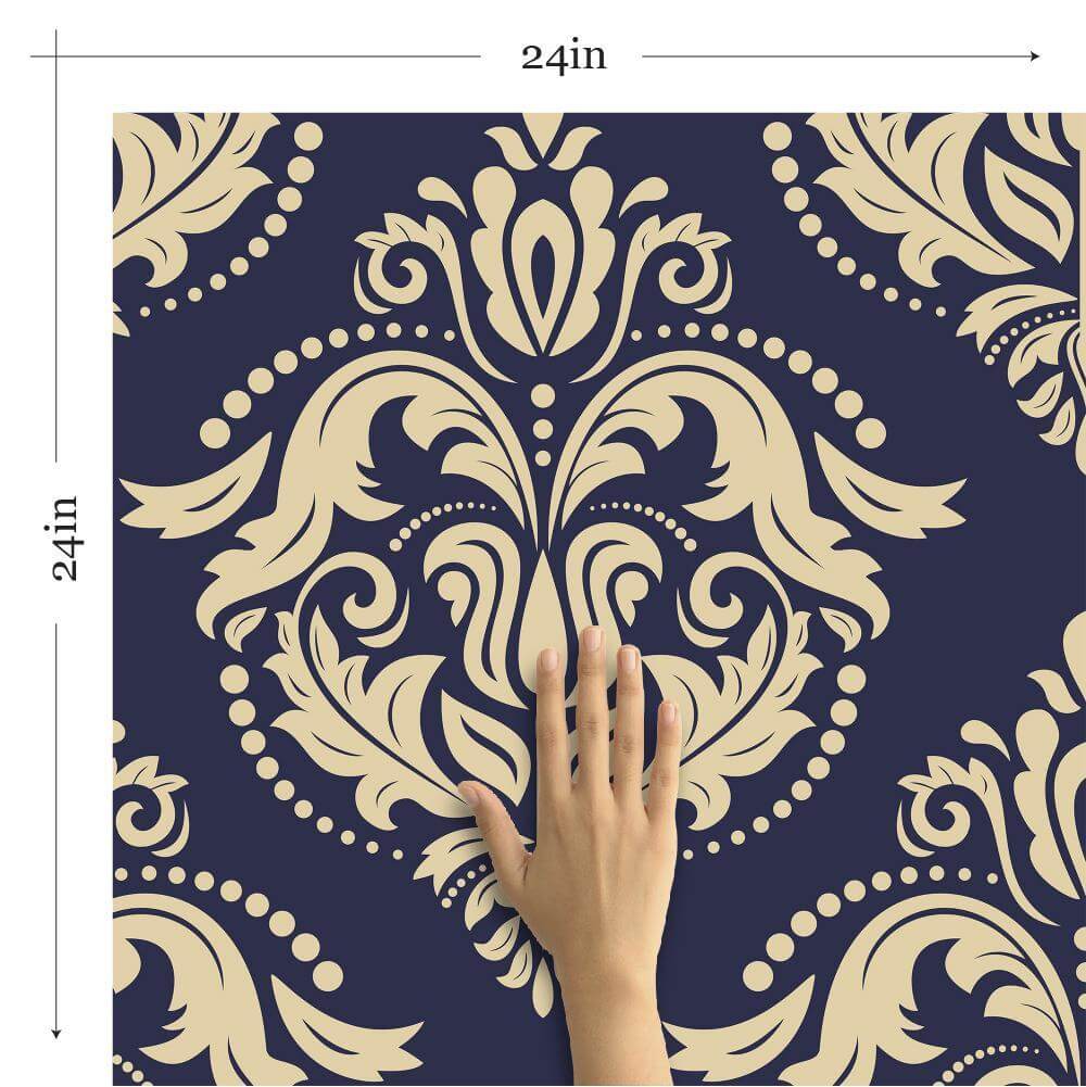 Beige and Blue Damask Peel and Stick Removable Wallpaper - Self-Adhesive Decorative Wall Covering for Bedroom, Living Room, Nursery & Home Office