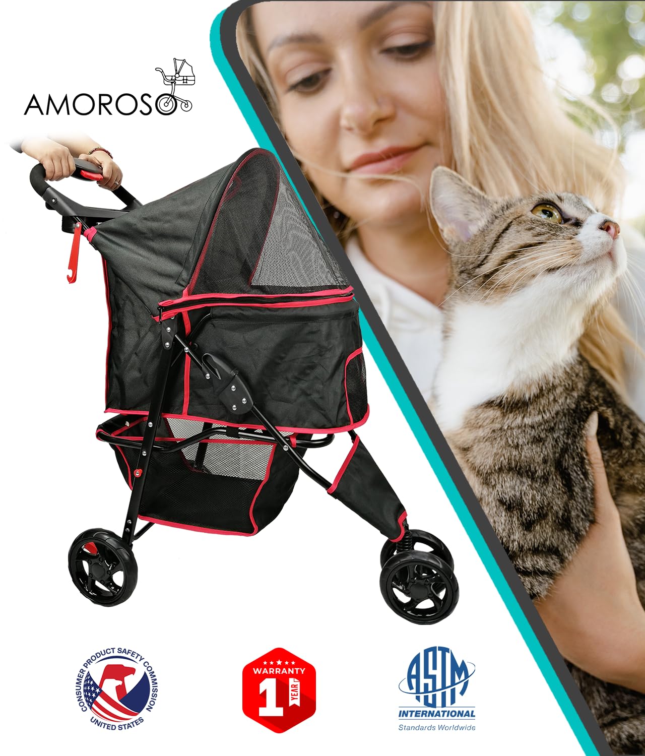 AmorosO Pet Stroller for Small Dogs & Cats | Lightweight Foldable Pet Carrier with Storage Basket | Easy Walking & Travel | Indoor & Outdoor Use | Perfect for Vet Visits, Shopping & Park Outings | Black