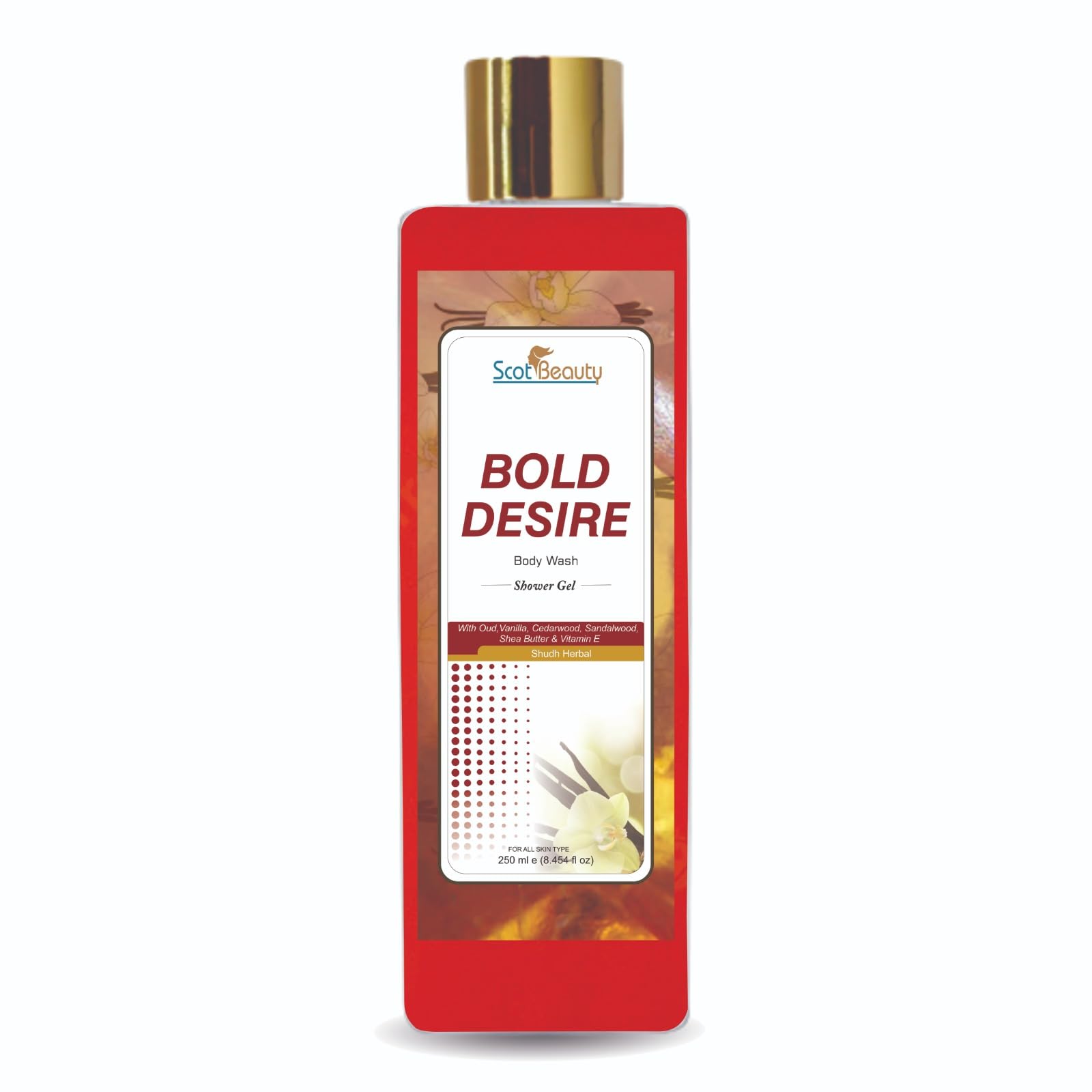 Scotbeauty Bold Desire Body Wash for Men & Women - Oud, Vanilla, Cedarwood & Sandalwood Scented with Shea Butter & Vitamin E - 8.5 Fl Oz (250ml) - Hydrating & Moisturizing Shower Gel for Dry Skin - Perfect for Daily Use, Spa Days & Gift Giving