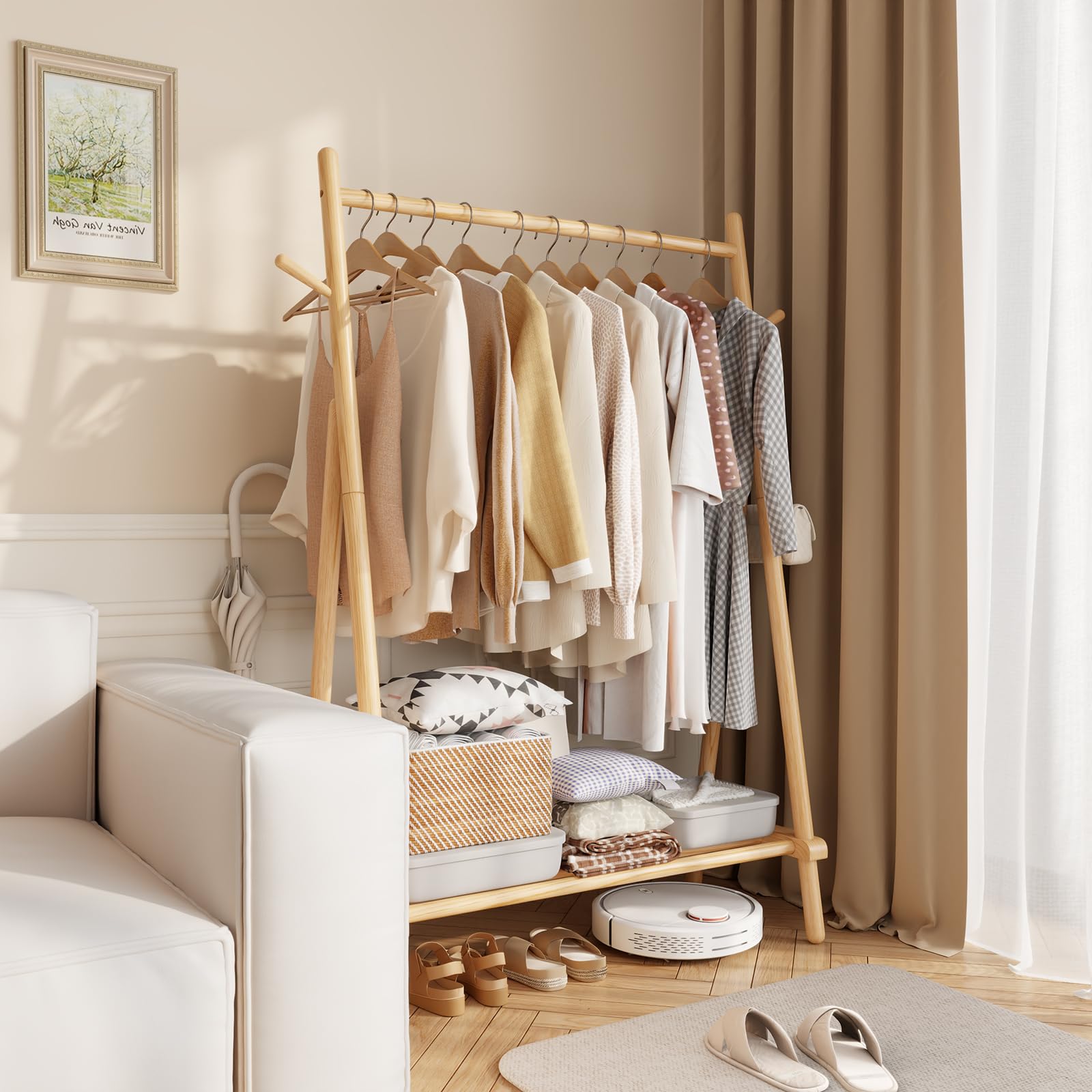 **Solid Wood Clothes Rack with Shelf & Hooks - Sturdy, Portable Garment Rack for Hanging Clothes, Coats, Skirts, Shoes & Bags - Easy to Assemble (Natural) - Perfect for Bedroom, Closet & Laundry Room Organization**