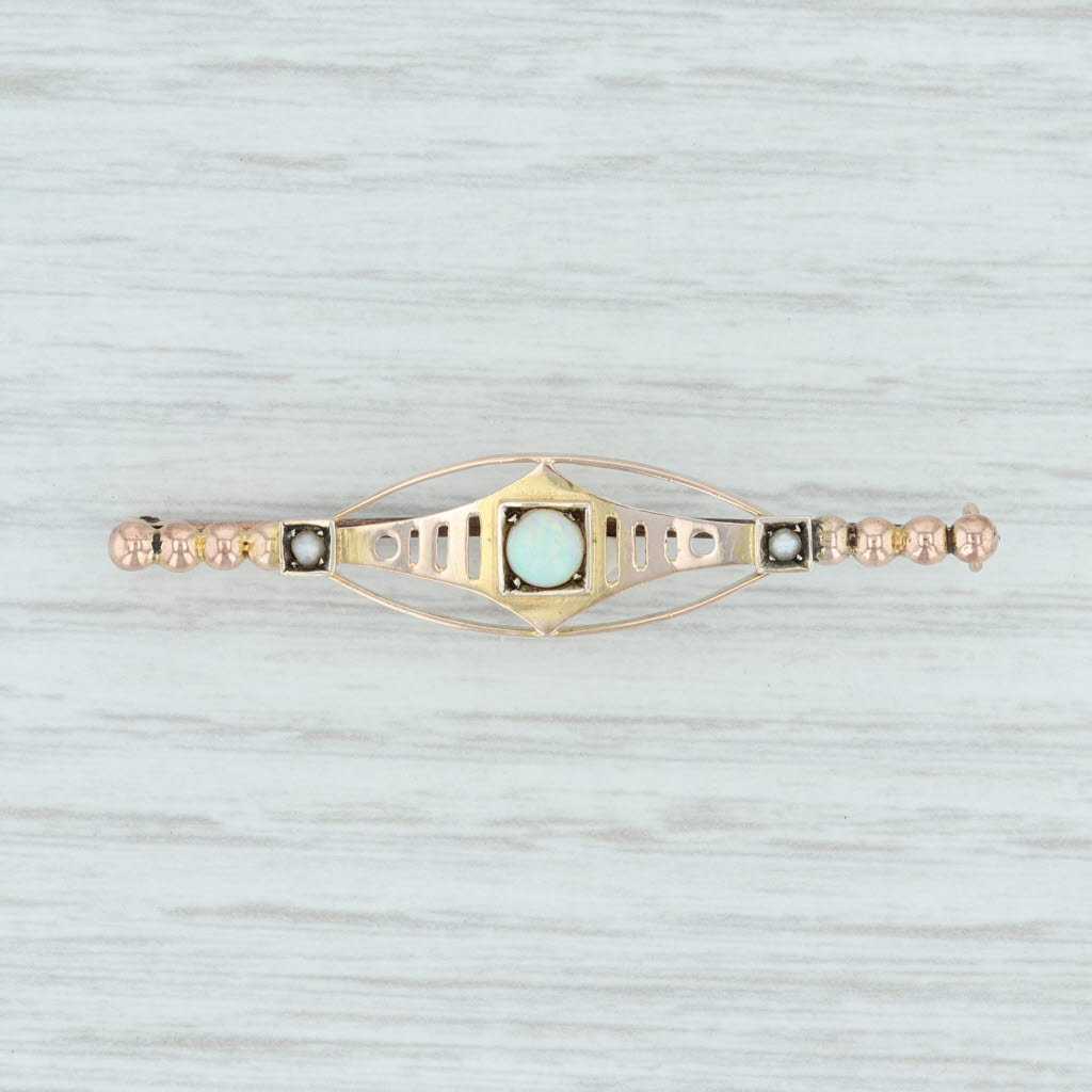 Antique Art Nouveau 10k Yellow Gold Opal & Pearl Bar Brooch Pin - Vintage Jewelry c.1900 for Wedding, Bridal & Special Occasions