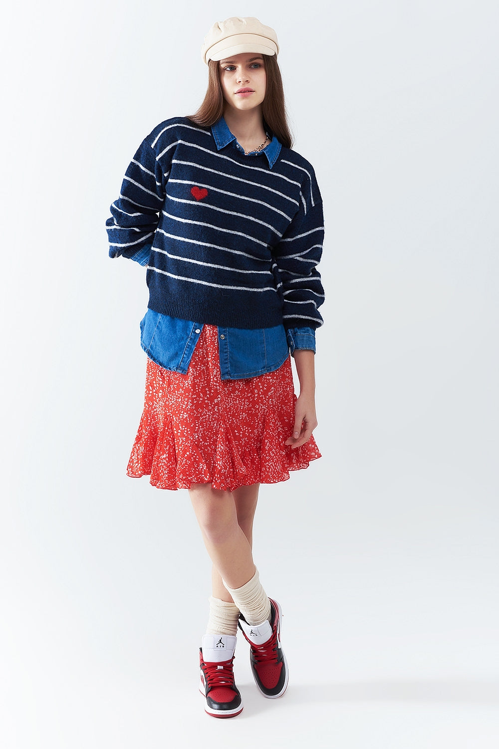 Blue Striped Pullover with Red Heart Detail - Perfect for Casual Outfits, Date Nights & Cozy Winter Wear