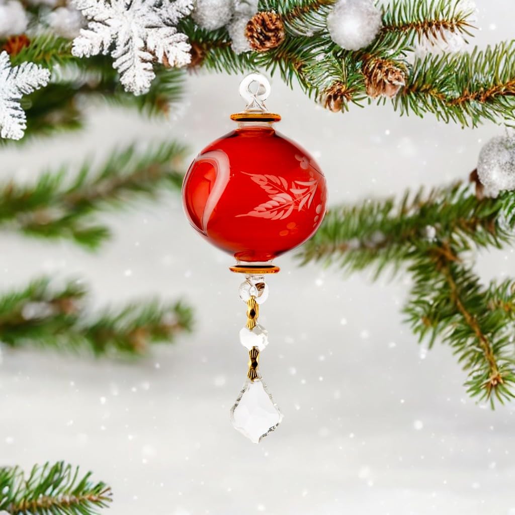 Handmade Blown Glass Christmas Ornaments - Red Glass Ball with Gold Accents & Crystal Drop - Engraved Holiday Decor for Christmas Tree - Perfect for Home Decor, New Year Gifts & Winter Wedding Decorations