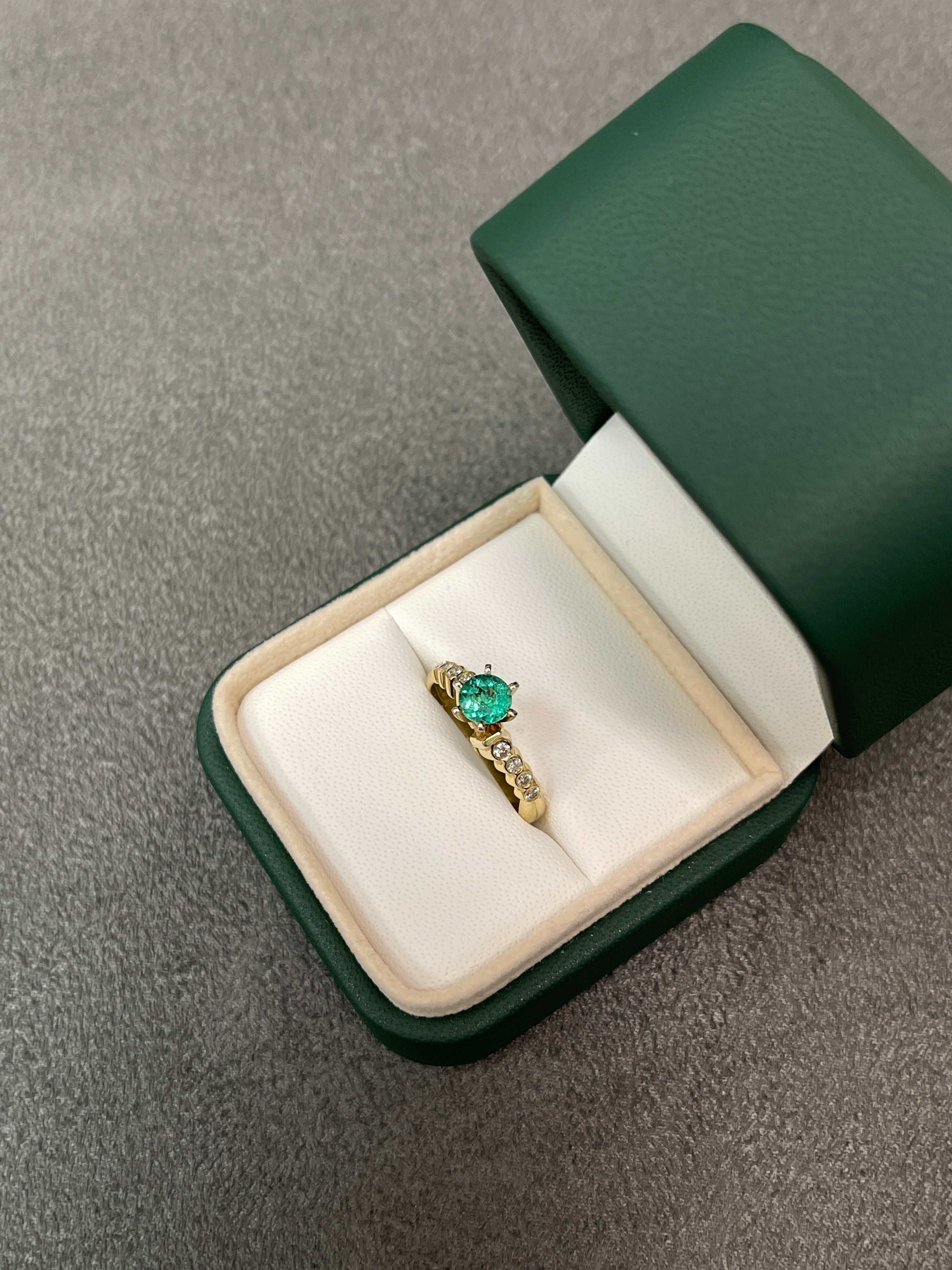 0.97tcw Modern Round 6 Prong Emerald & Bezel Diamond Ring 14K Gold - Elegant Engagement, Wedding, Anniversary Jewelry Gift for Women