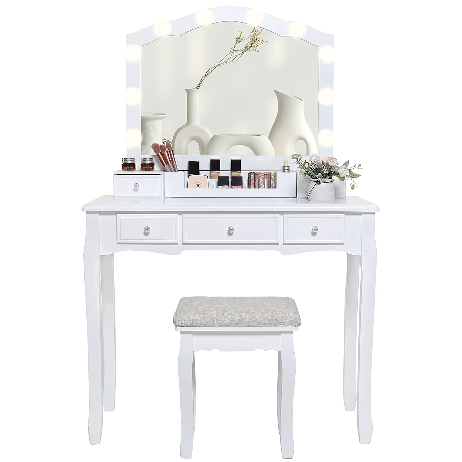Iwell Vanity Table Set with Large LED Mirror, 5 Drawers & Removable Organizer - White Makeup Dressing Table for Women | Perfect for Bedroom, Bathroom, Gift for Wife, Girlfriend, Mother | Ideal for Makeup Application, Skincare Routine & Hair Styling